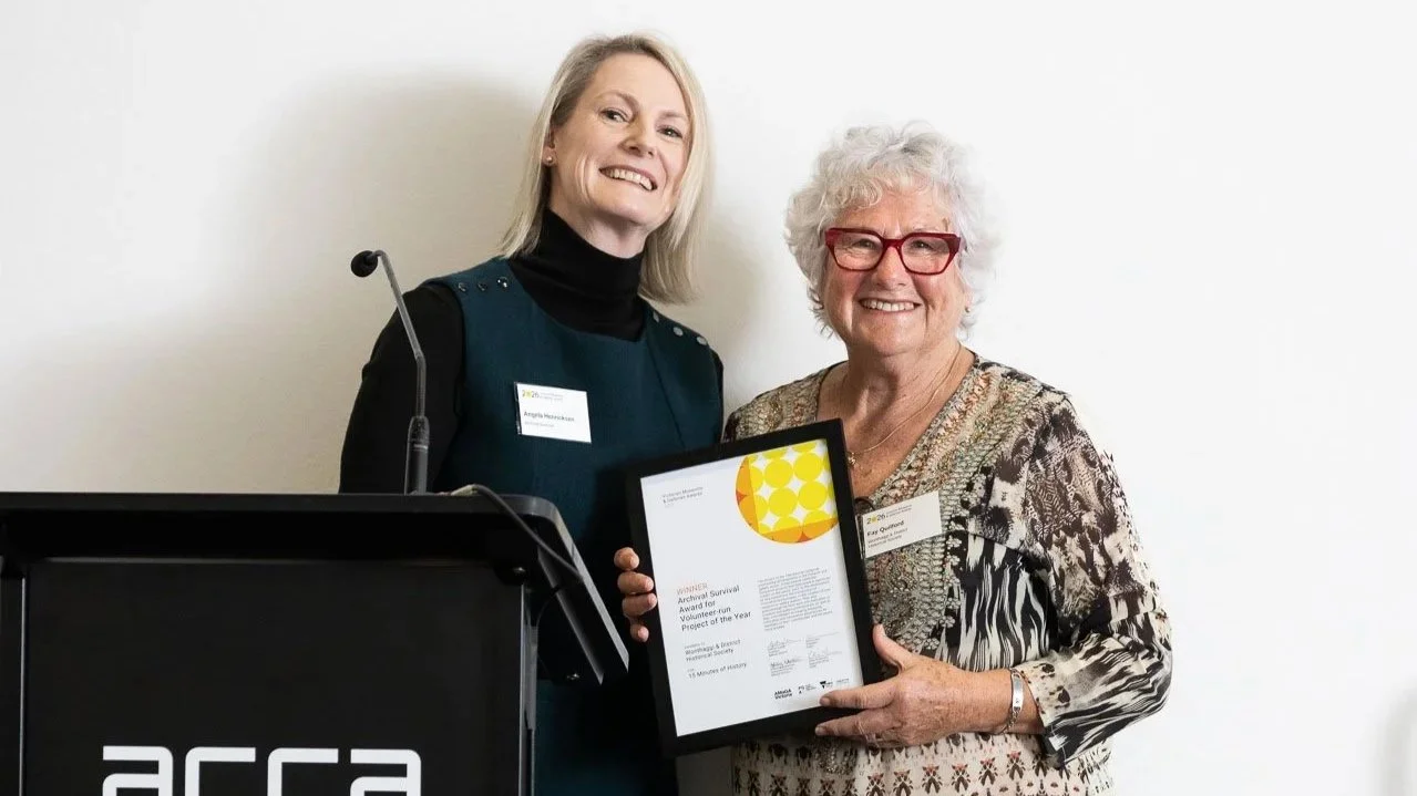  Angela Henricksen (Archival Survival) with Fay Quilford from Wonthaggi and District Historical Society, winner of Volunteer-run Project of the Year.  Photo:  Peter Casamento. 