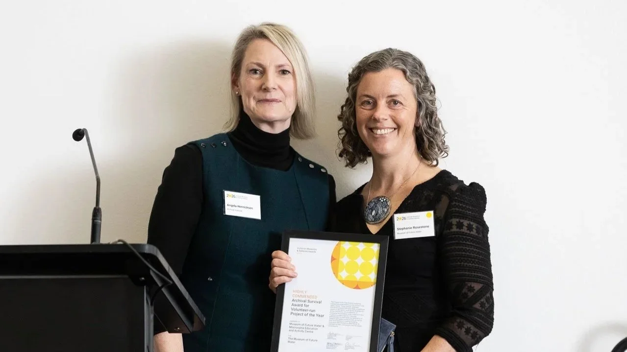  Angela Henricksen (Archival Survival) with Stephanie Rosestone from Museum of Future Water, highly commended Volunteer-run Project of the Year.  Photo:  Peter Casamento. 