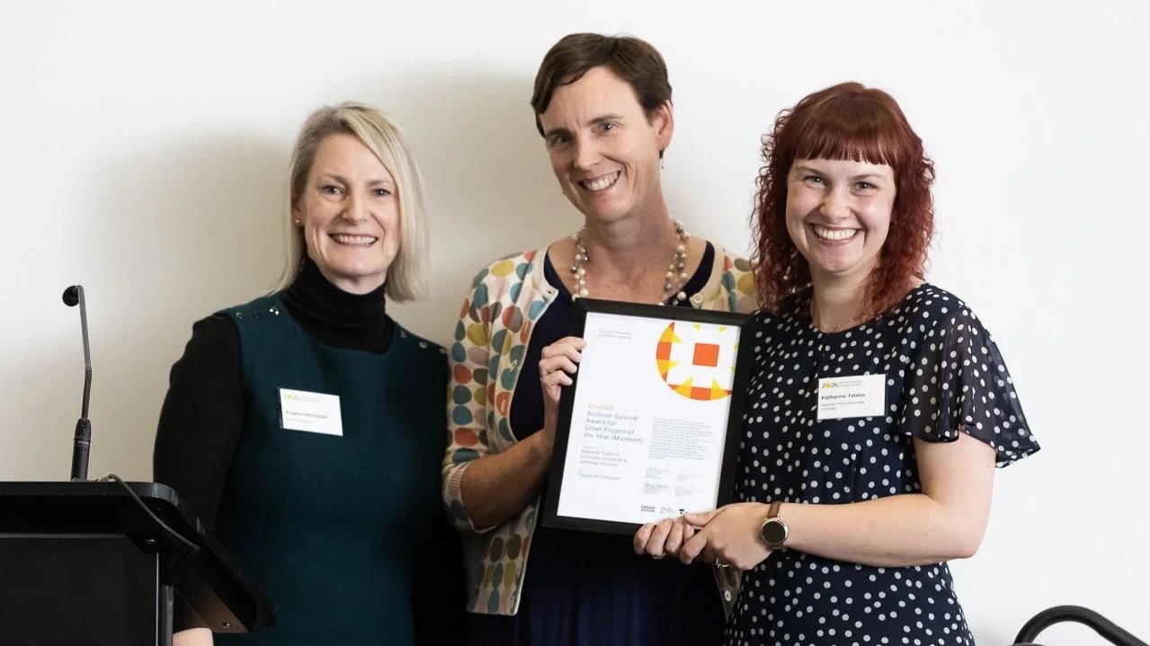  Angela Henricksen (Archival Survival) with Katie Potter and Katherine Timms from National Trust of Australia (Victoria), winner of Small Project of the Year (Museum).  Photo:  Peter Casamento. 