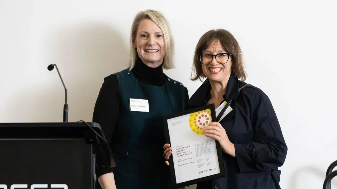  Angela Henricksen (Archival Survival) with Rachel Arndt from Wangaratta Art Gallery, winner of Small Project of the Year (Gallery).  Photo:  Peter Casamento. 