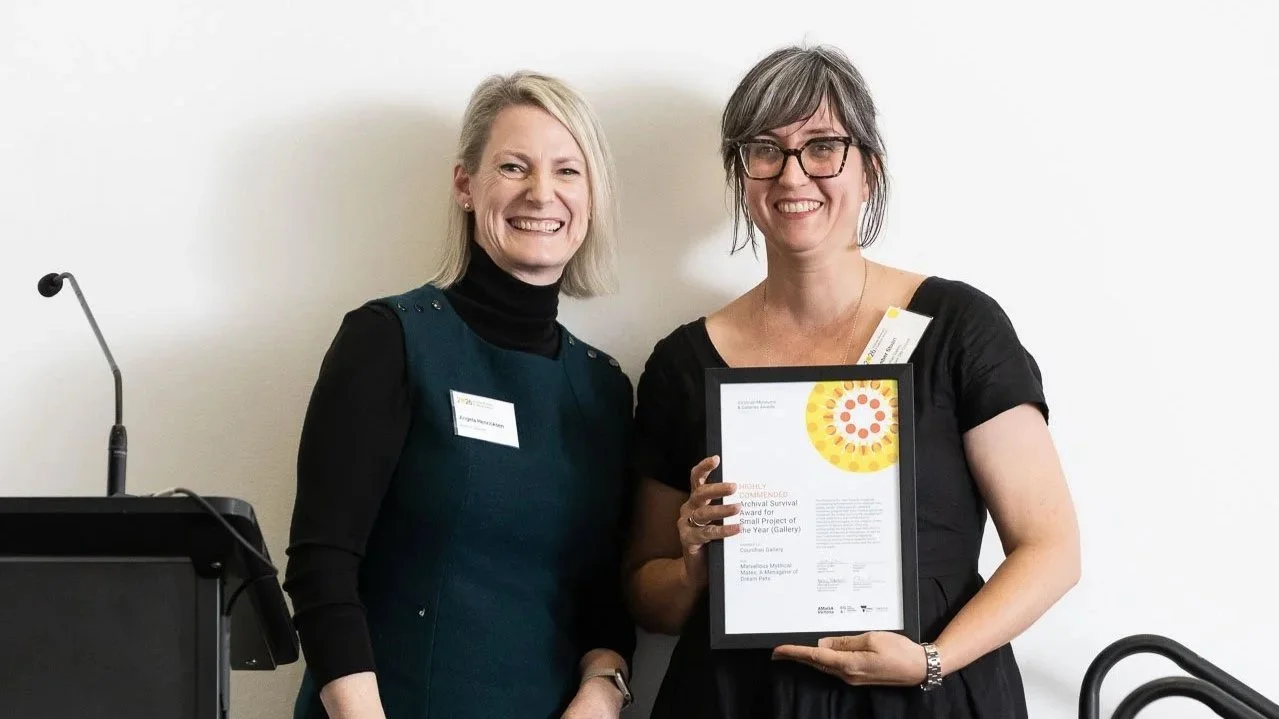  Angela Henricksen (Archival Survival) with Amber Stuart from Counihan Gallery, Merri-bek City Council, highly commended Small Project of the Year (Gallery).  Photo:  Peter Casamento. 