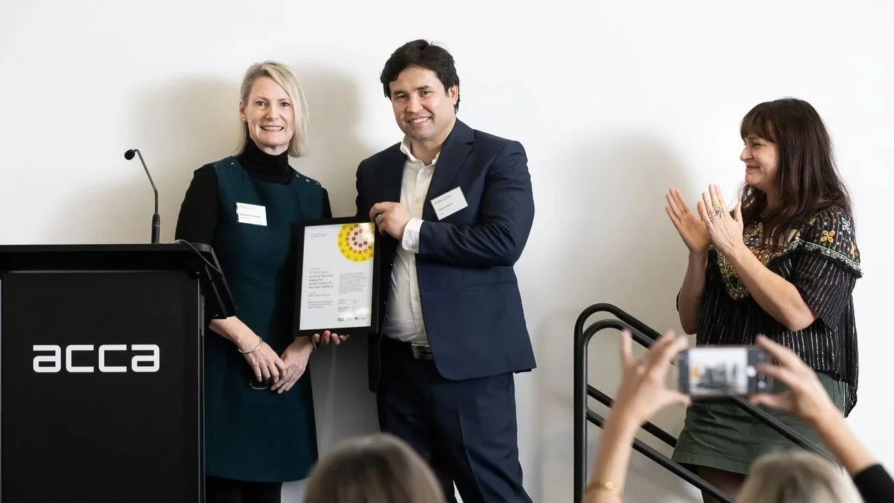  Angela Henricksen (Archival Survival) with Barat Ali Batoor (artist) and Georgia Goud from State Library Victoria, highly commended Small Project of the Year (Gallery).  Photo:  Peter Casamento. 