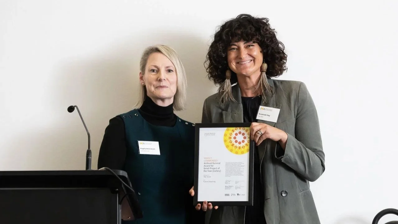  Angela Henricksen (Archival Survival) with Susannah Day from The Torch, highly commended Small Project of the Year (Gallery).  Photo:  Peter Casamento. 