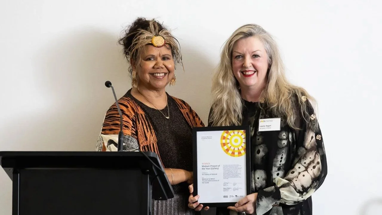  Janty Blair with Louise Tegart from Art Gallery of Ballarat, winner of Medium Project of the Year (Gallery).  Photo:  Peter Casamento. 