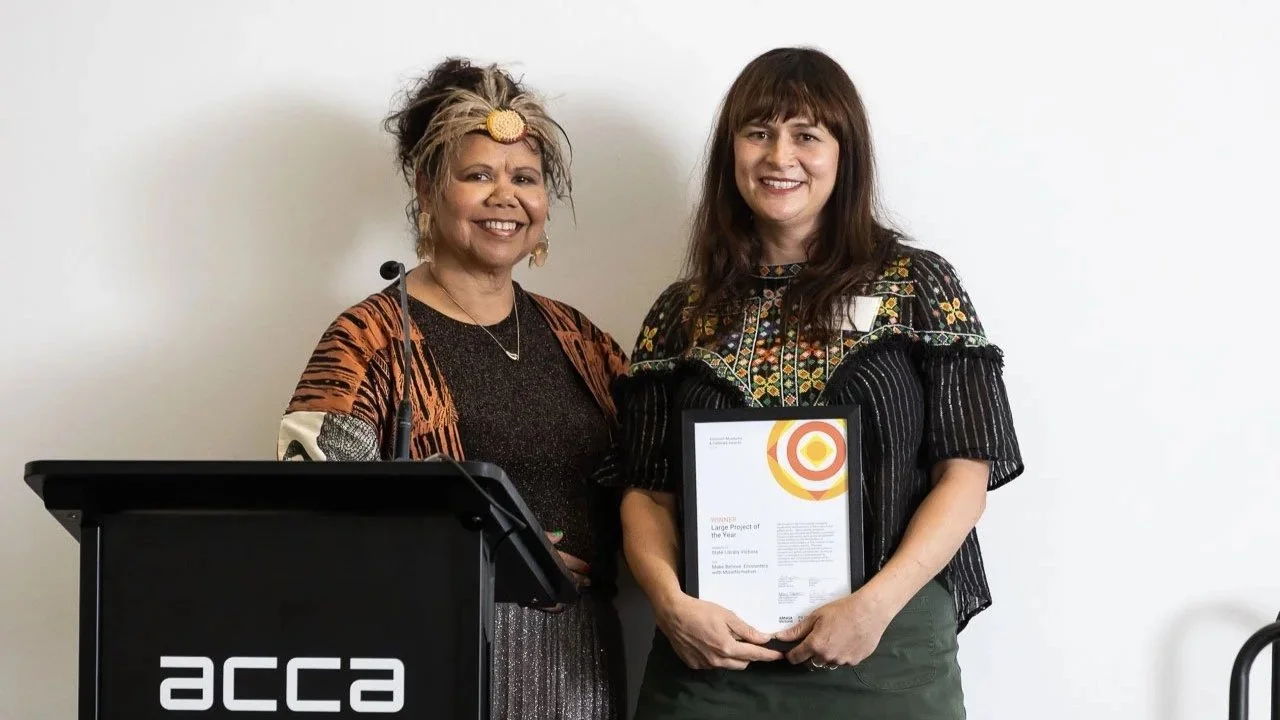  Janty Blair with Georgia Goud from State Library Victoria, winner of Large Project of the Year.  Photo:  Peter Casamento. 