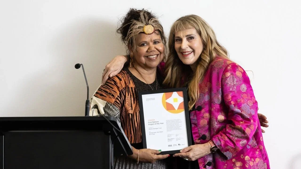  Janty Blair with Gail Harradine from Koorie Heritage Trust, winner of First Nations Project of the Year.  Photo:  Peter Casamento. 