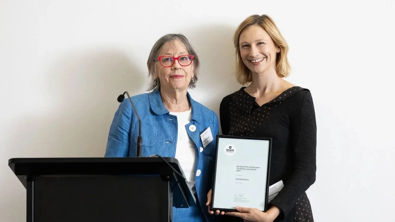  Dr Gaye Sculthorpe with Charlotte Botica, winner of the Roslyn Lawry Award (2024).  Photo:  Peter Casamento. 