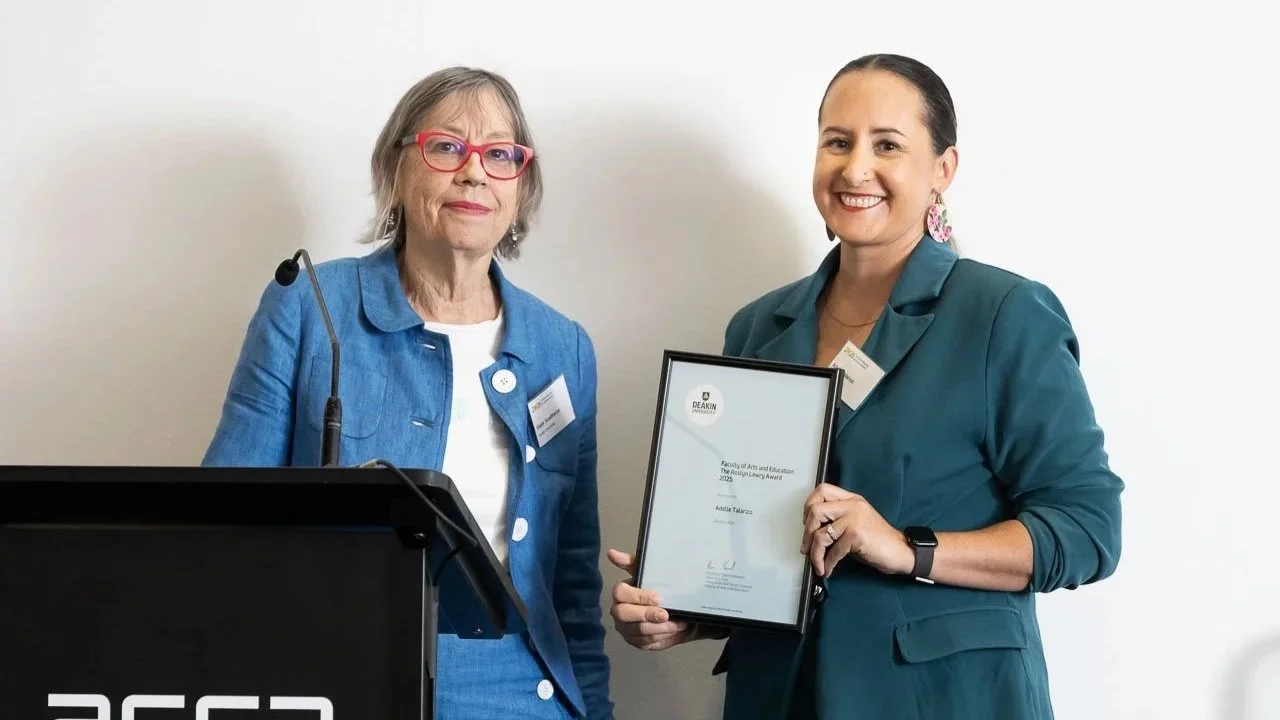  Dr Gaye Sculthorpe with Adelle Talarico, winner of the Roslyn Lawry Award (2025).  Photo:  Peter Casamento. 