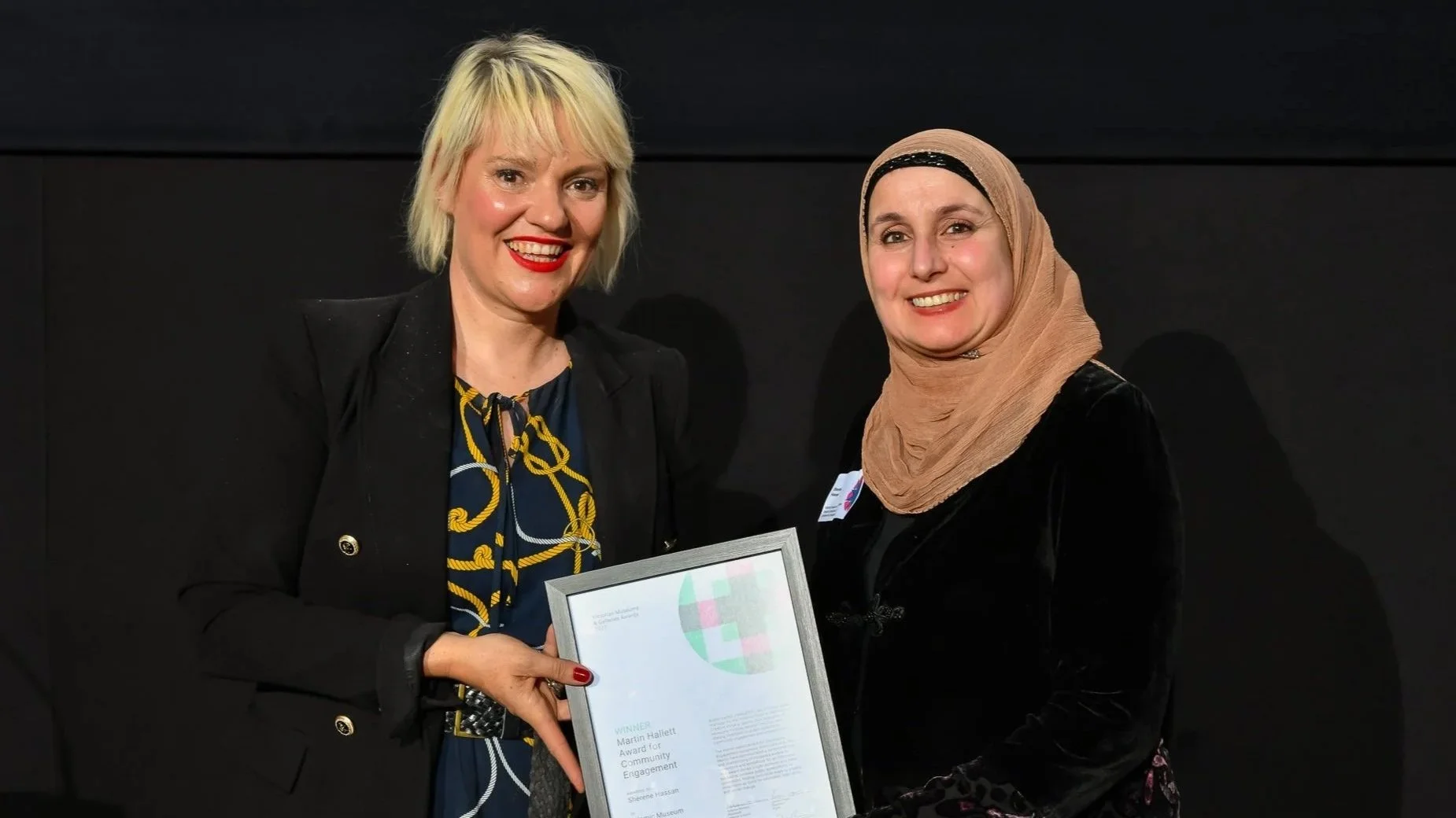  Martin Hallett Award for Community Engagement winner, Sherene Hassan (Islamic Museum of Australia), with Jacinta Parsons.&nbsp; Credit:  Simon Fox Photography 