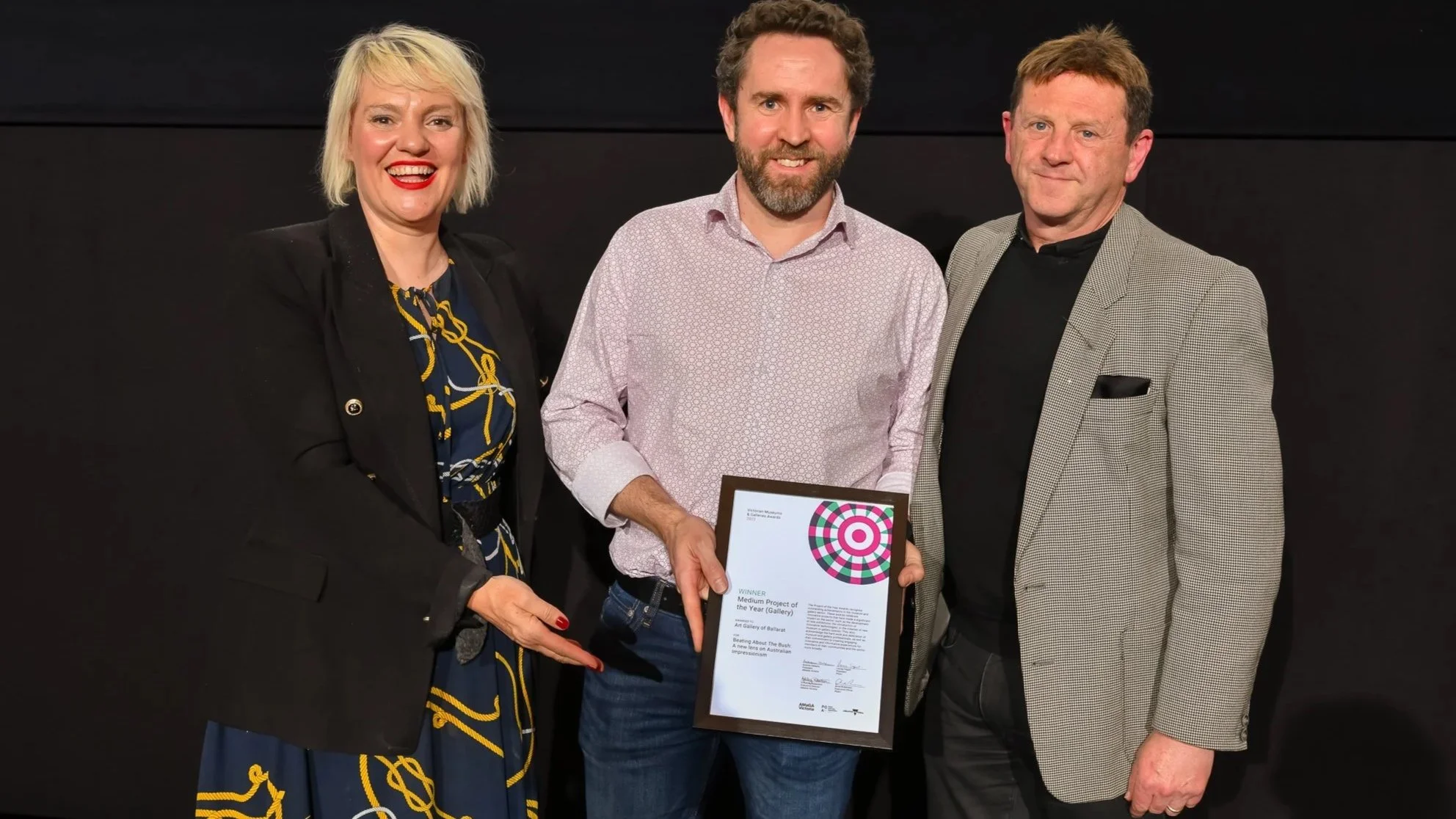  Medium Project of the Year (Gallery) winner, Art Gallery of Ballarat (L-R: Ben Cox and David Herman), with Jacinta Parsons.  Credit:  Simon Fox Photography 