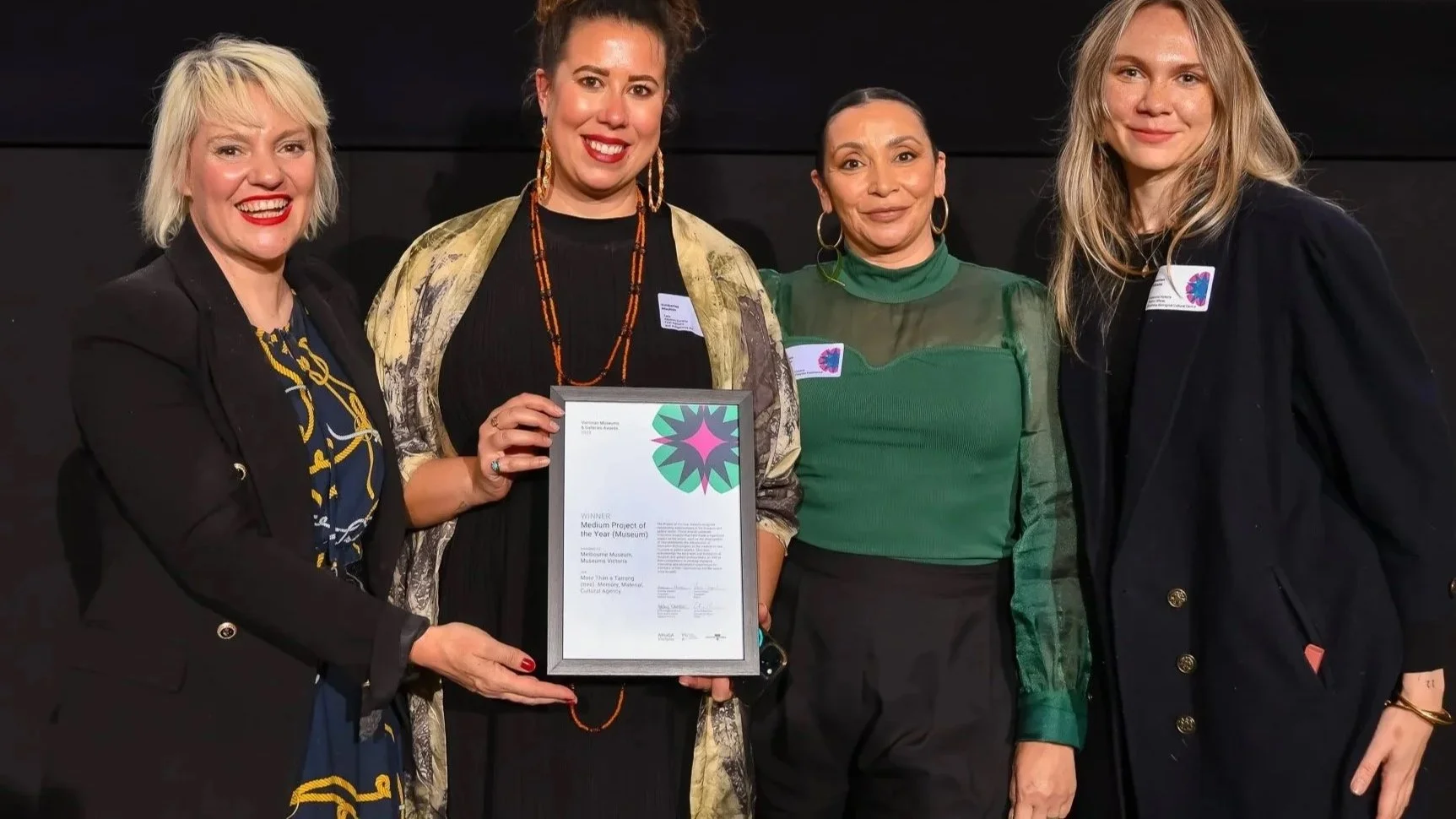  Medium Project of the Year (Museum) winner, Museums Victoria (L-R: Kimberley Moulton, Justice Nelson, and Rhiannon Williams), with Jacinta Parsons.  Credit:  Simon Peter Fox Photography 