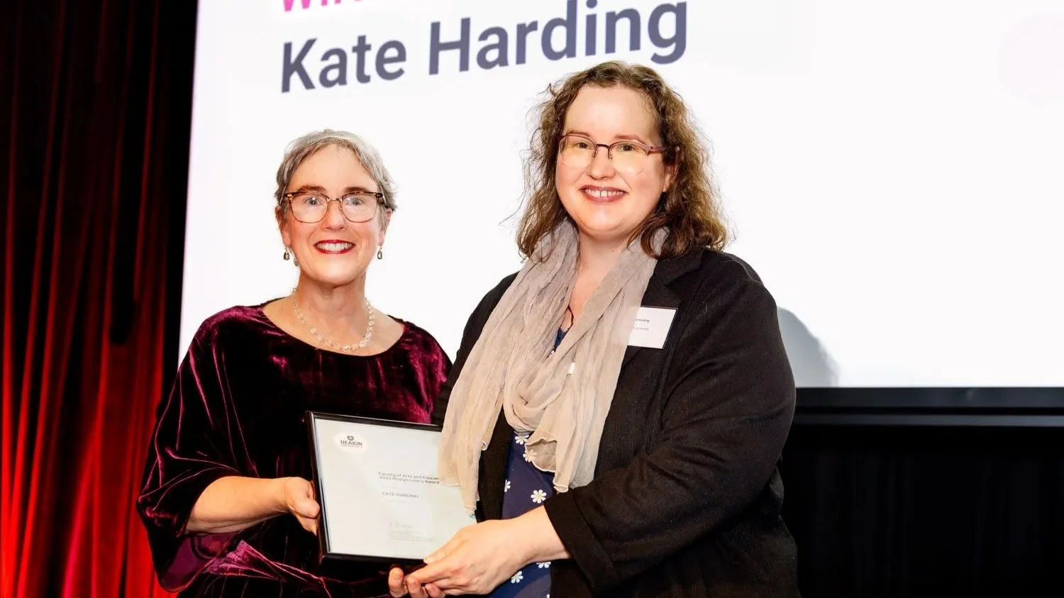   Roslyn Lawry Winner, Kate Harding pictured with Professor Andrea Witcomb  Credit:  Sharon Blance 