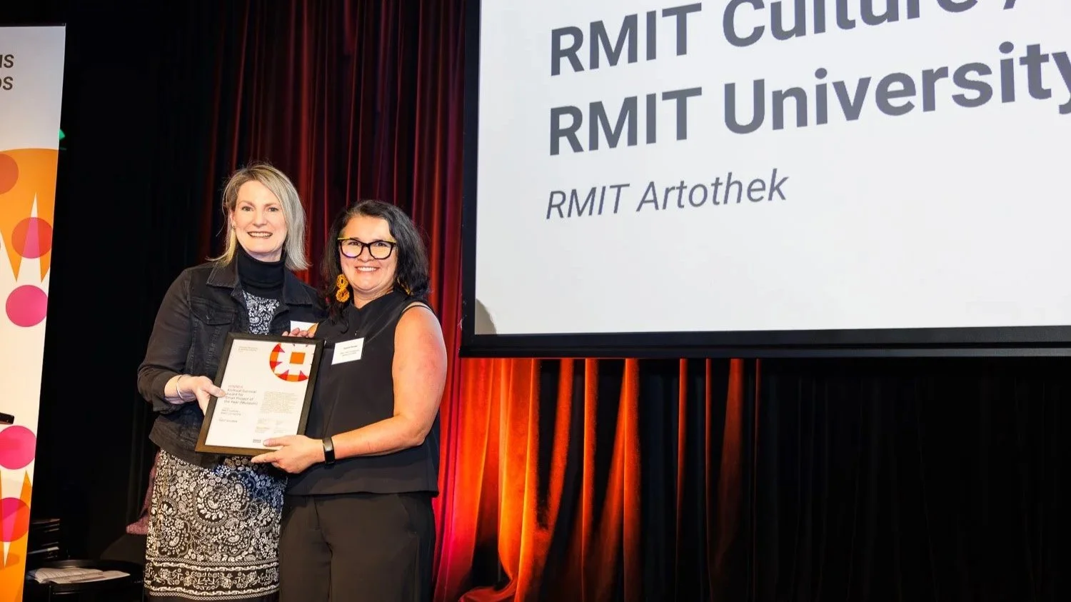  Small Project (Museums) Award Winner, RMIT Culture / RMIT University | RMIT Artothek (Elizabeth Marsden) pictured with Angela Henricksen  Credit:  Sharon Blance 