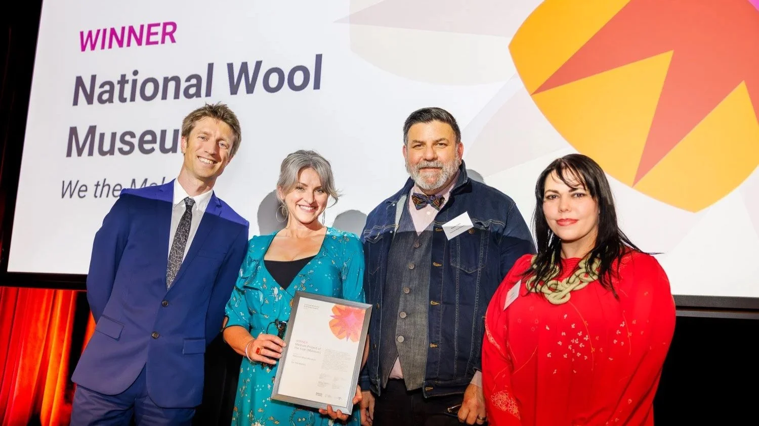  Medium Project (Museums) Award Winner,  National Wool Museum (Andrea Cross, Padraic Fisher, Josephine Rout) pictured with Sammy J  Credit:  Sharon Blance 