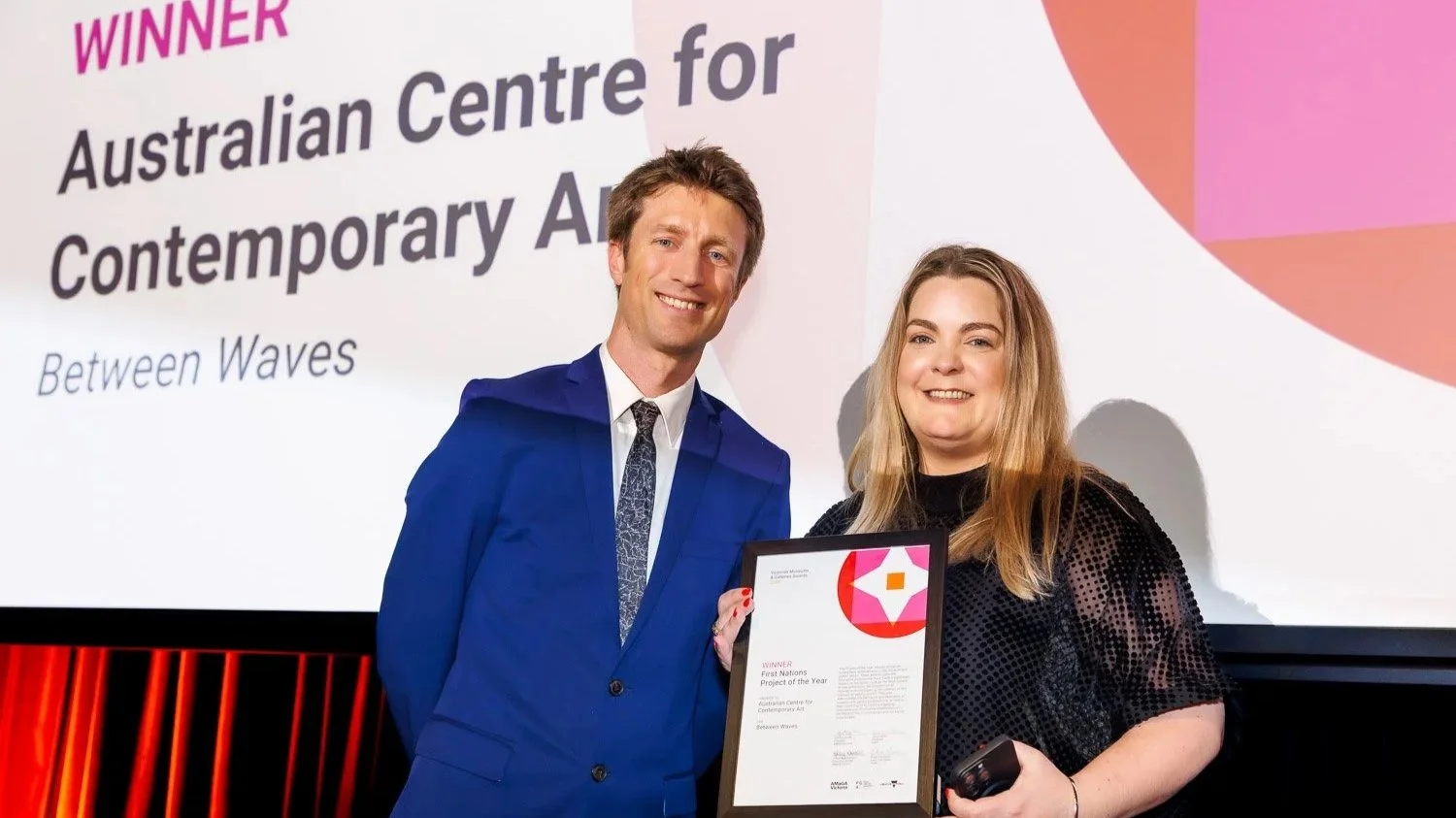  First Nations Project Award Winner, Australian Centre for Contemporary Art (Jessica Clark) pictured with Sammy J  Credit:  Sharon Blance 