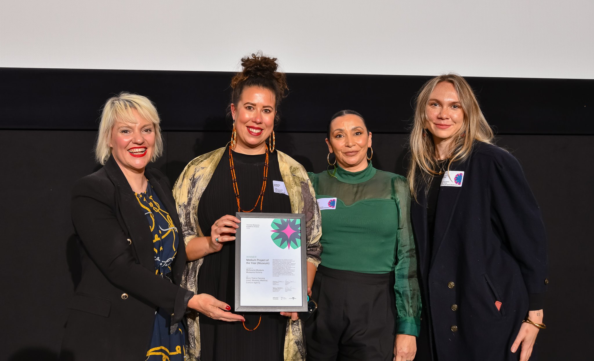  Medium Project of the Year (Museum) winner, Museums Victoria (L-R: Kimberley Moulton, Justice Nelson, and Rhiannon Williams), with Jacinta Parsons.  Credit:  Simon Peter Fox Photography 