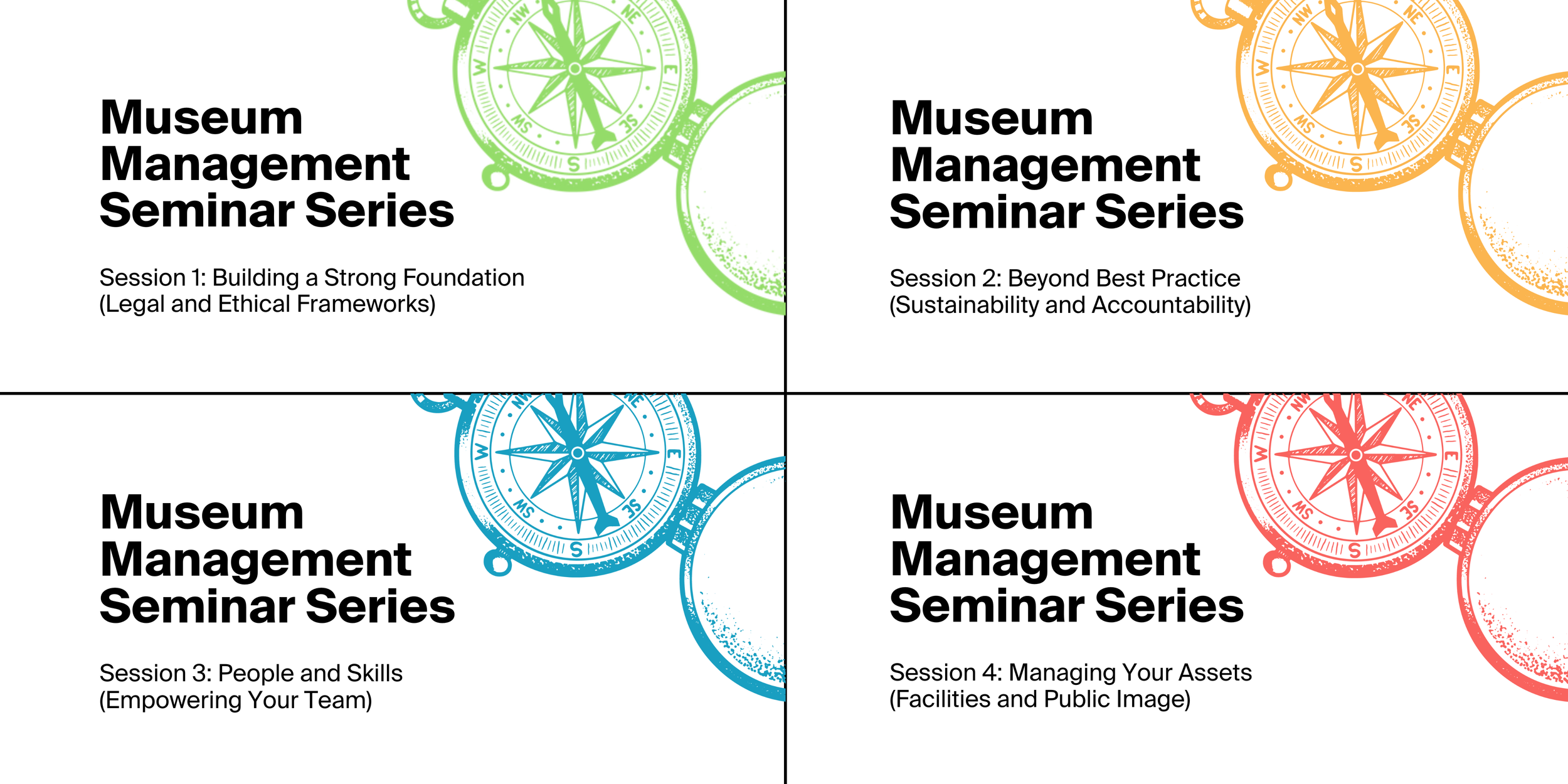 A presentation slide for exhibitions seminar series by Creative Victoria, featuring four ornate, colorful frames in green, red, orange, and blue, each associated with different seminar topics.