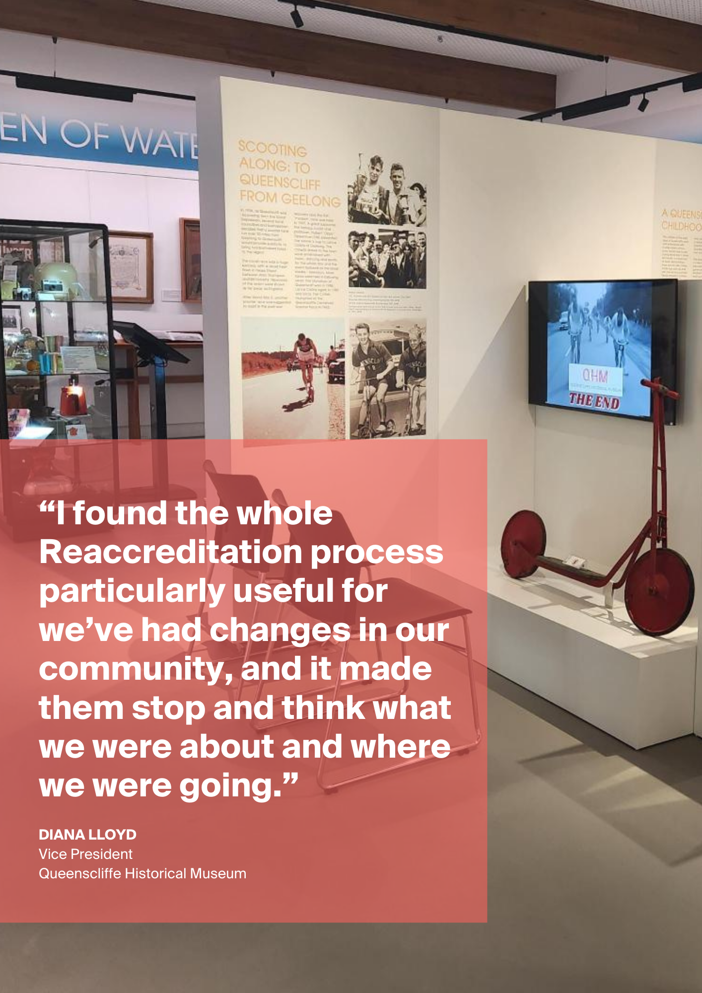 Photo of a gallery with a scooter on display in the centre of the image. A quote in white text against a red, transparent background is overlaying the image.