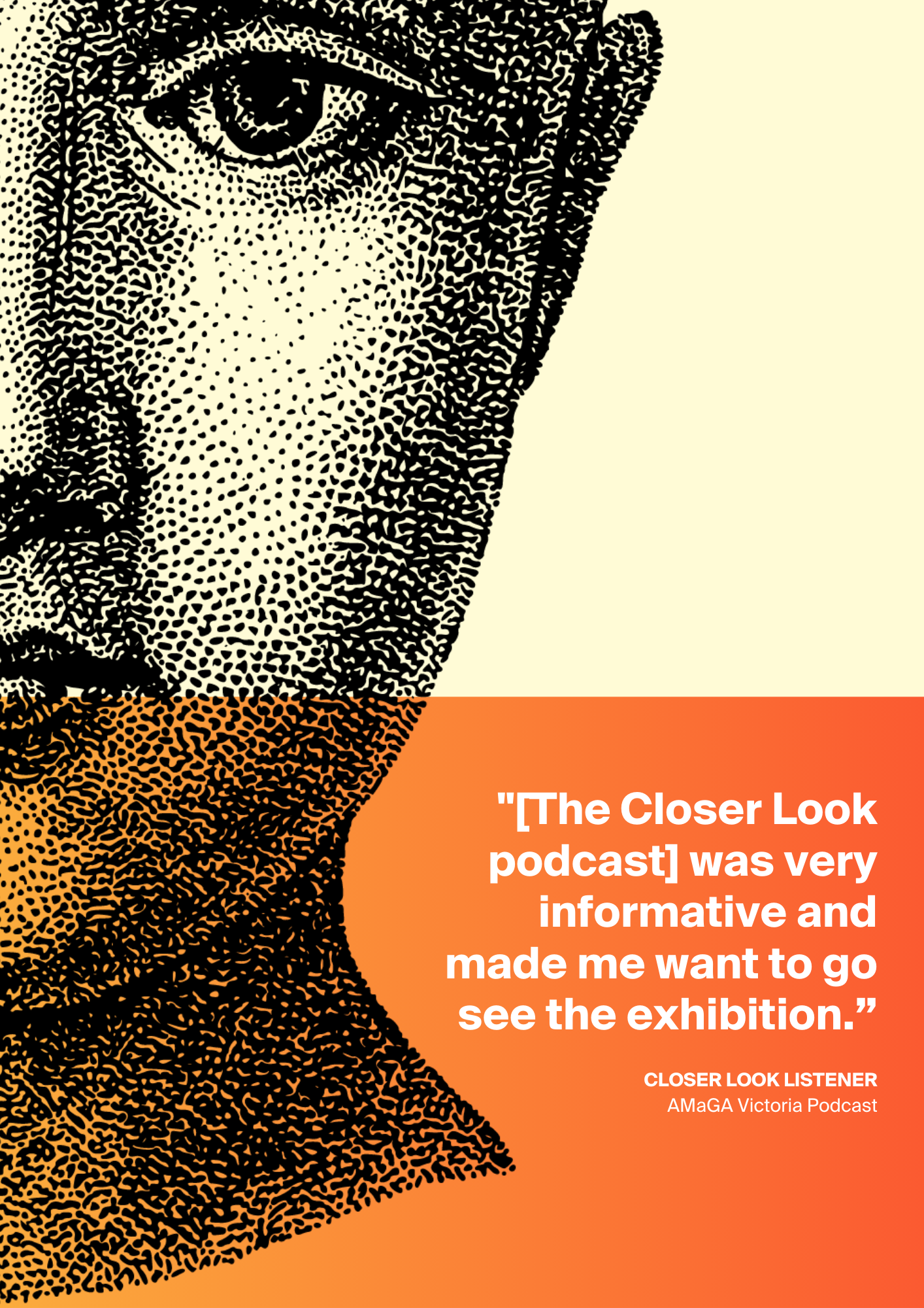 A black and white drawing of a face with an orange overlay on the lower half of the face. A quote in white text is off to the right side against the orange background.