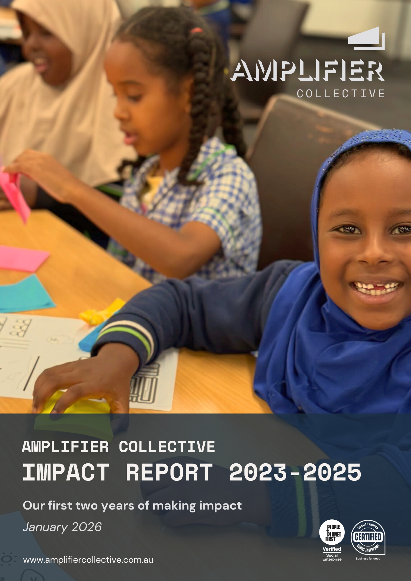 Cover of the Amplifier Collective Impact Report 2023-2025, showing three smiling children at a table engaging in craft activities, with the Amplifier Collective logo in the top right corner.