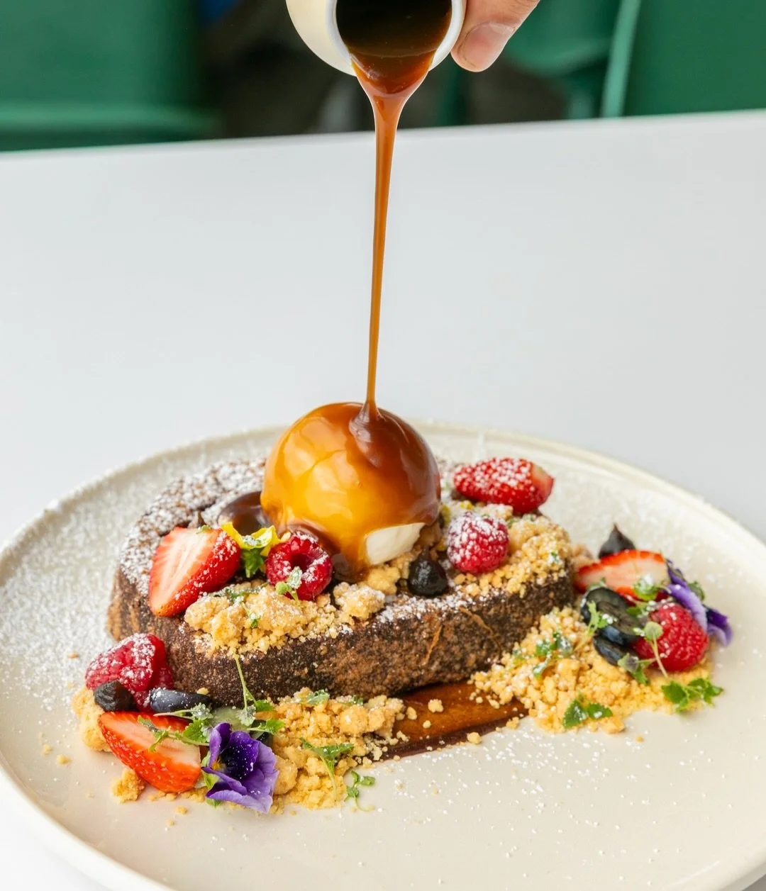 That butterscotch moment. ✋🏼🤤 Cascading over vanilla bean ice-cream and thick-cut toasted banana bread, our Sticky Date French Toast is topped with berries, coffee date paste and shortbread crumble. 

It&rsquo;s too good to wait until the weekend &