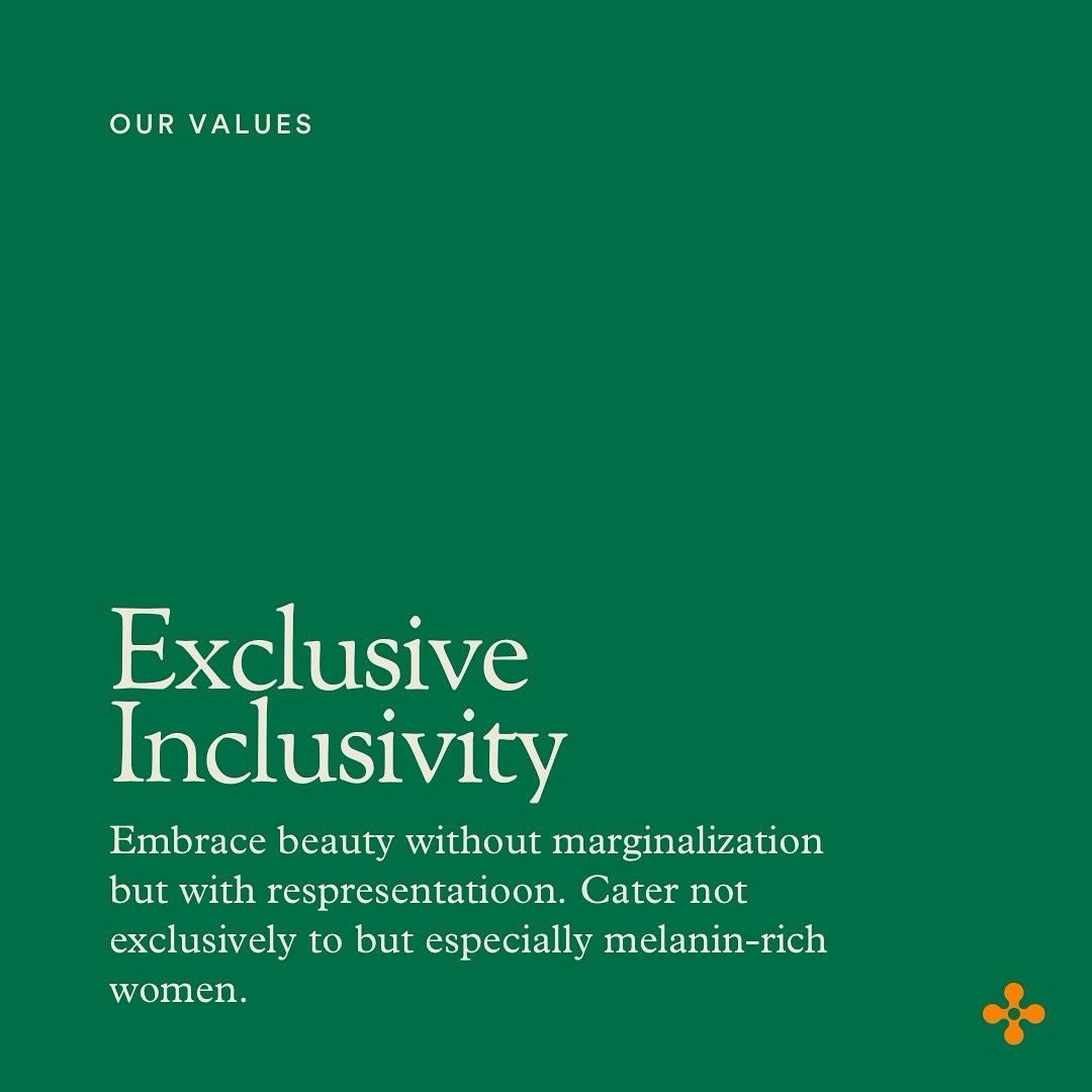Exclusively Inclusive, meaning no one is left being here in an equitable way. We not only bring everyone together, but embrace those unseen, unfelt, and underserved in ways the world have before. 

#sanindou #brandvalues #africanbeauty #beautyofthedi