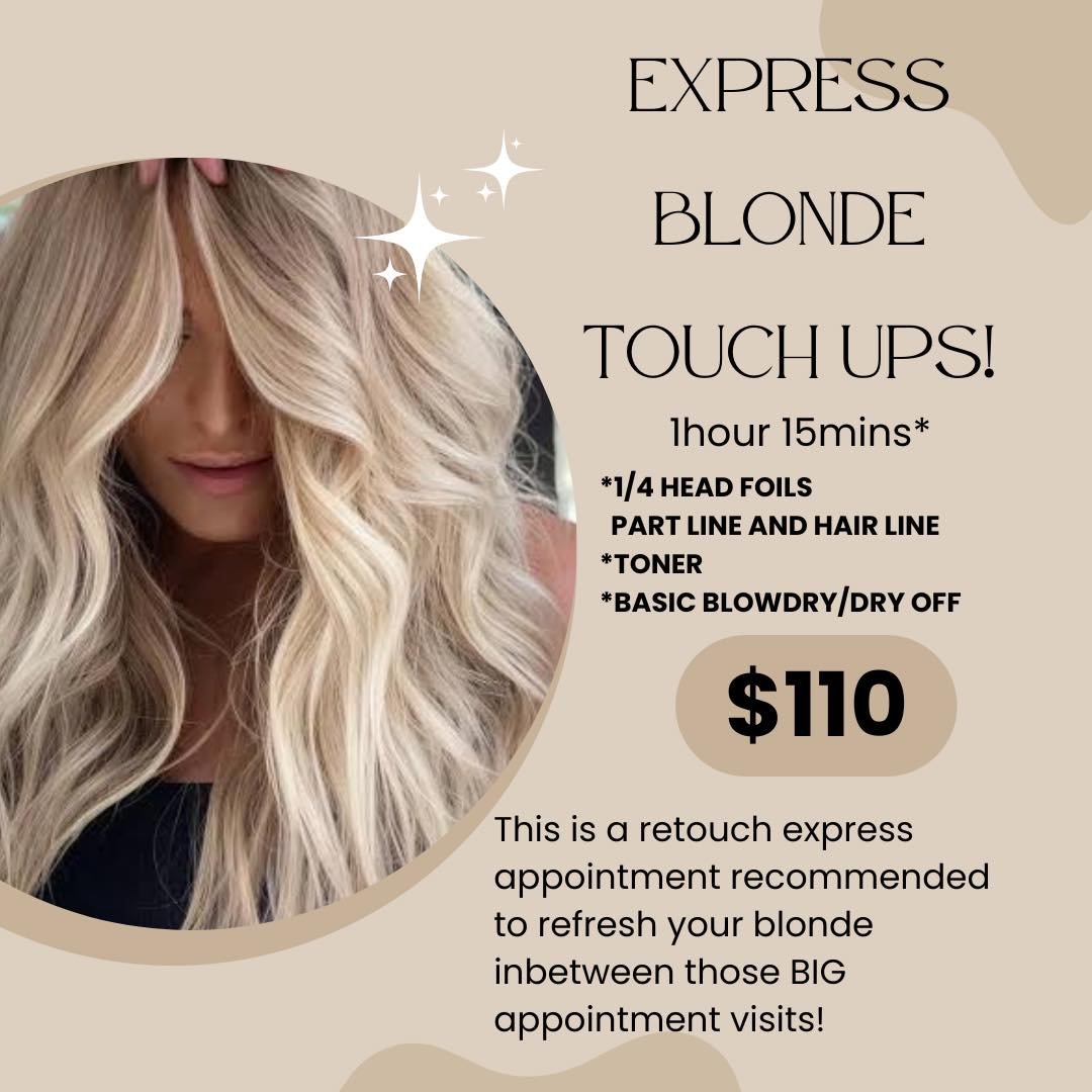 Book now! For an express appointment to refresh your blonde🌟🧡!

If booking online select 1/4 head foils xx