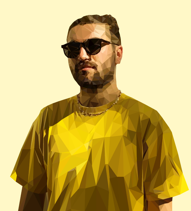 A man wearing sunglasses, a yellow shirt, and a chain necklace, posed against a plain light yellow background.
