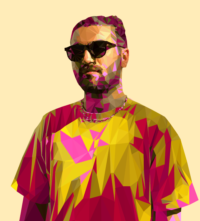 Digital art of a man wearing sunglasses, a yellow and red shirt, and a chain necklace with a beige background.