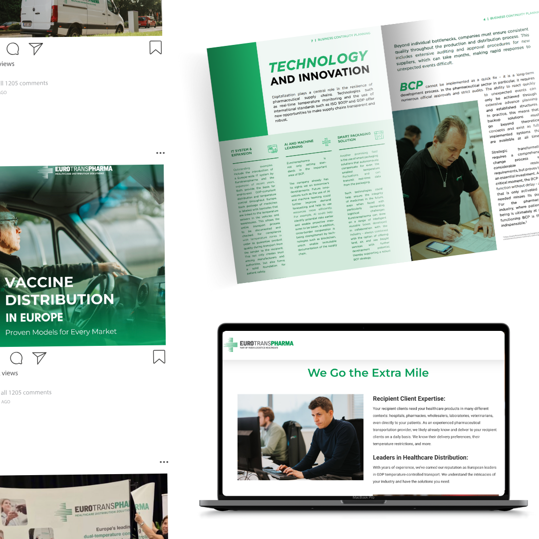 A magazine or brochure with the title 'Technology and Innovation' and a person writing or reviewing documents, featuring a green-themed layout. Surrounding images include a vaccination distribution vehicle, a laptop displaying a brochure for Eurotranspharma, and other healthcare or pharmaceutical-related visuals.
