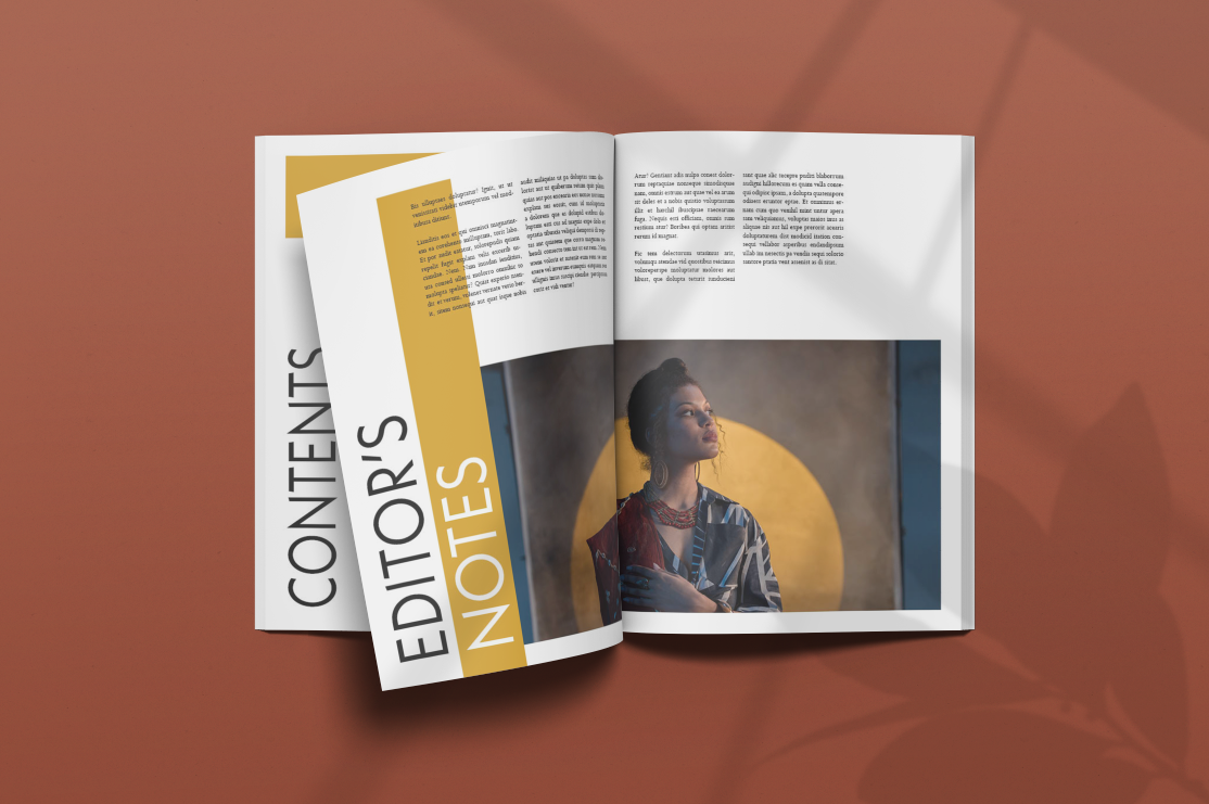 An open magazine or brochure on a rust-colored surface, showing a woman posing with a yellow circle in the background, with bold text on the left side reading "CONTE TENT" and overlapping on the word "EDITORS NOTES" in large black and gold fonts.