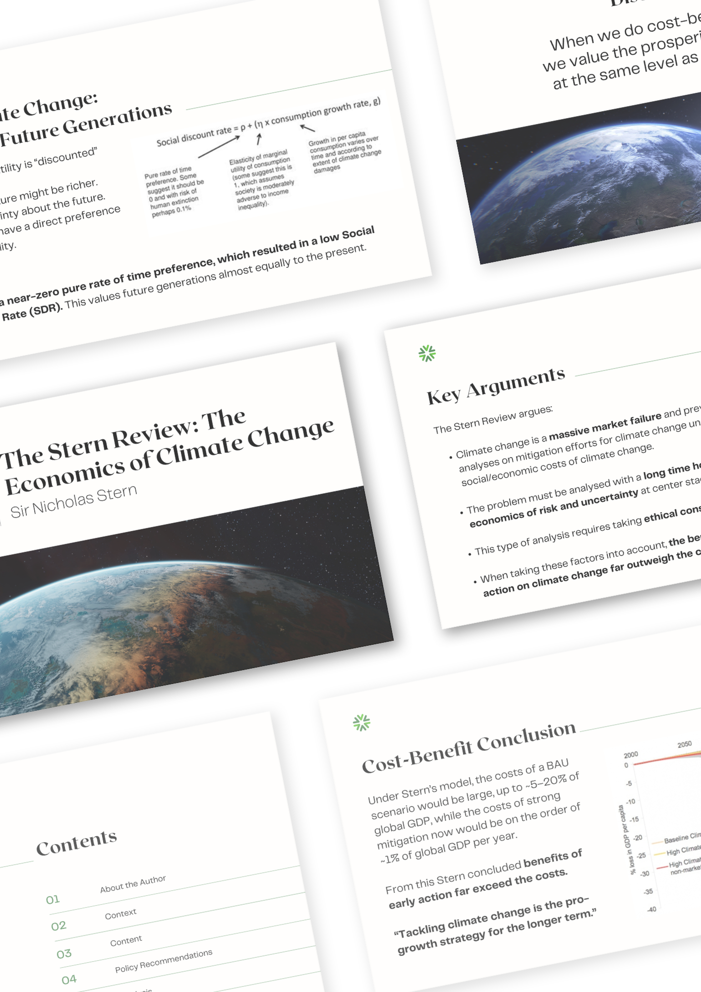 Slides from a presentation about climate change economics, featuring images of Earth from space, sections titled 'The Stern Review: The Economics of Climate Change' and 'Cost-Benefit Conclusion,' and various bullet points and charts.