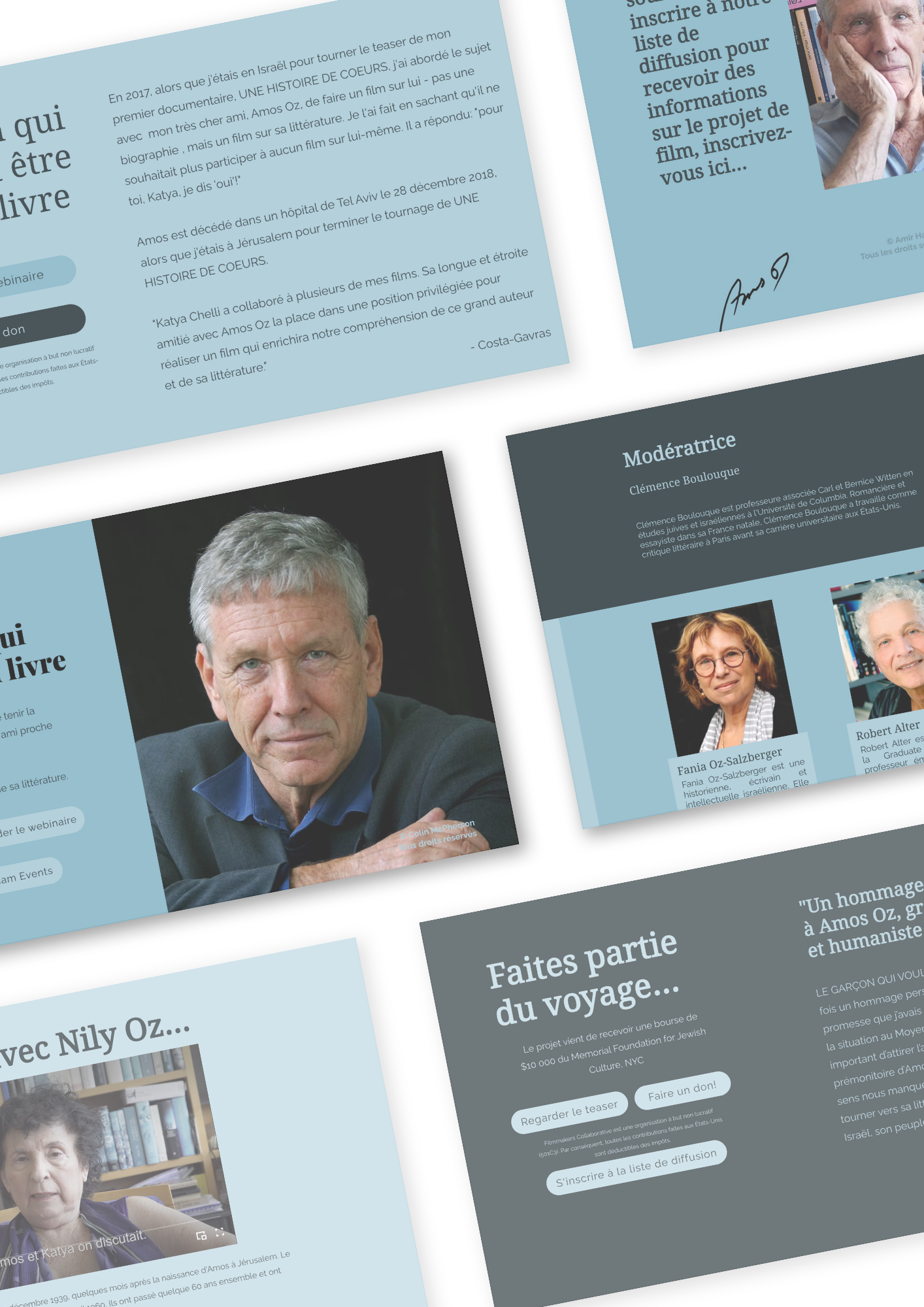 Collage of digital screens with biographies, headshots, and event information, including a man with gray hair and a serious expression, and a woman with glasses and short curly hair.