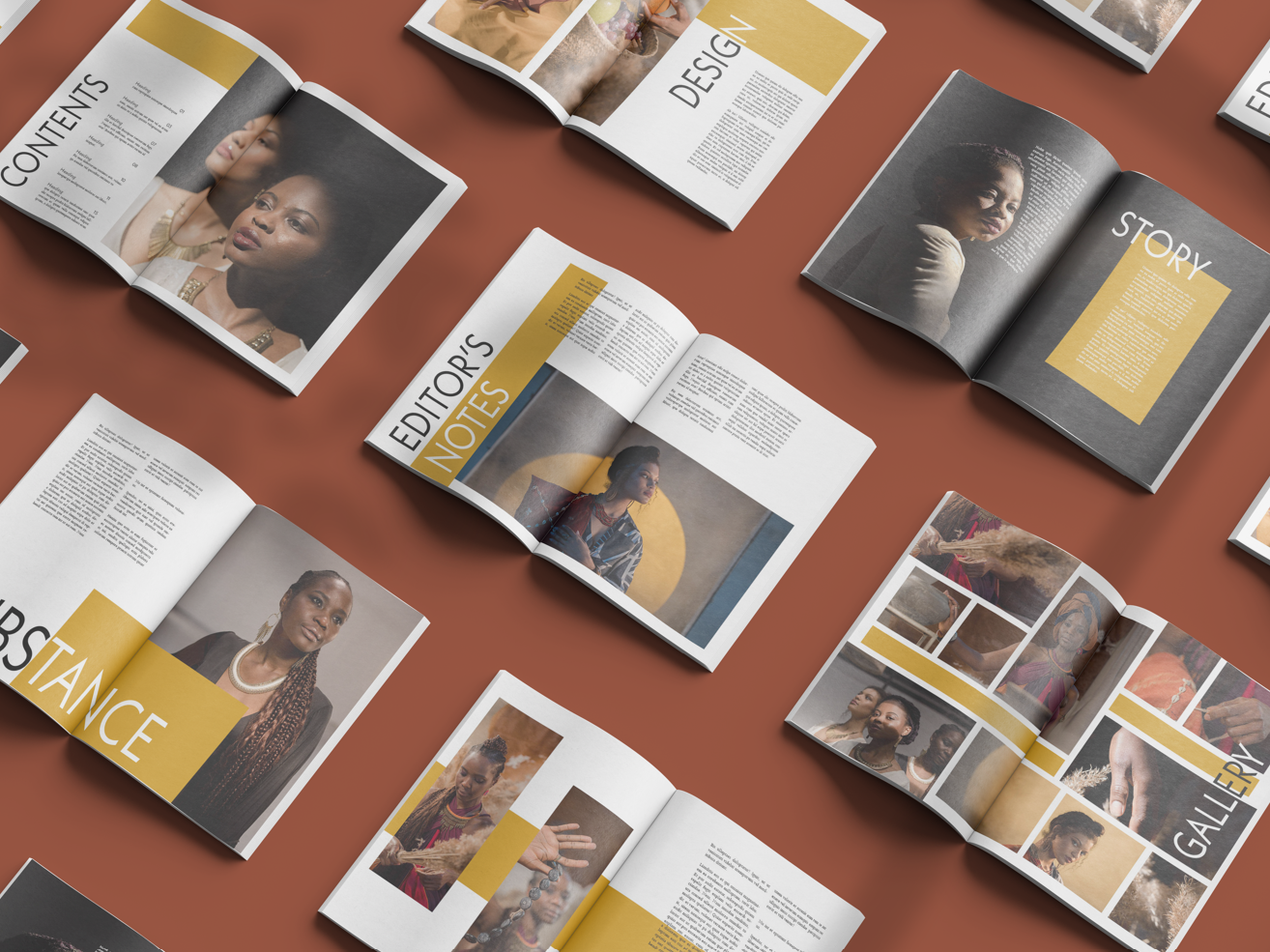 Open magazine spreads featuring portraits of women, with sections titled 'Contents,' 'Editor's Notes,' 'Story,' 'Design,' 'Experience,' and 'Gallery,' all arranged on a reddish-brown surface.