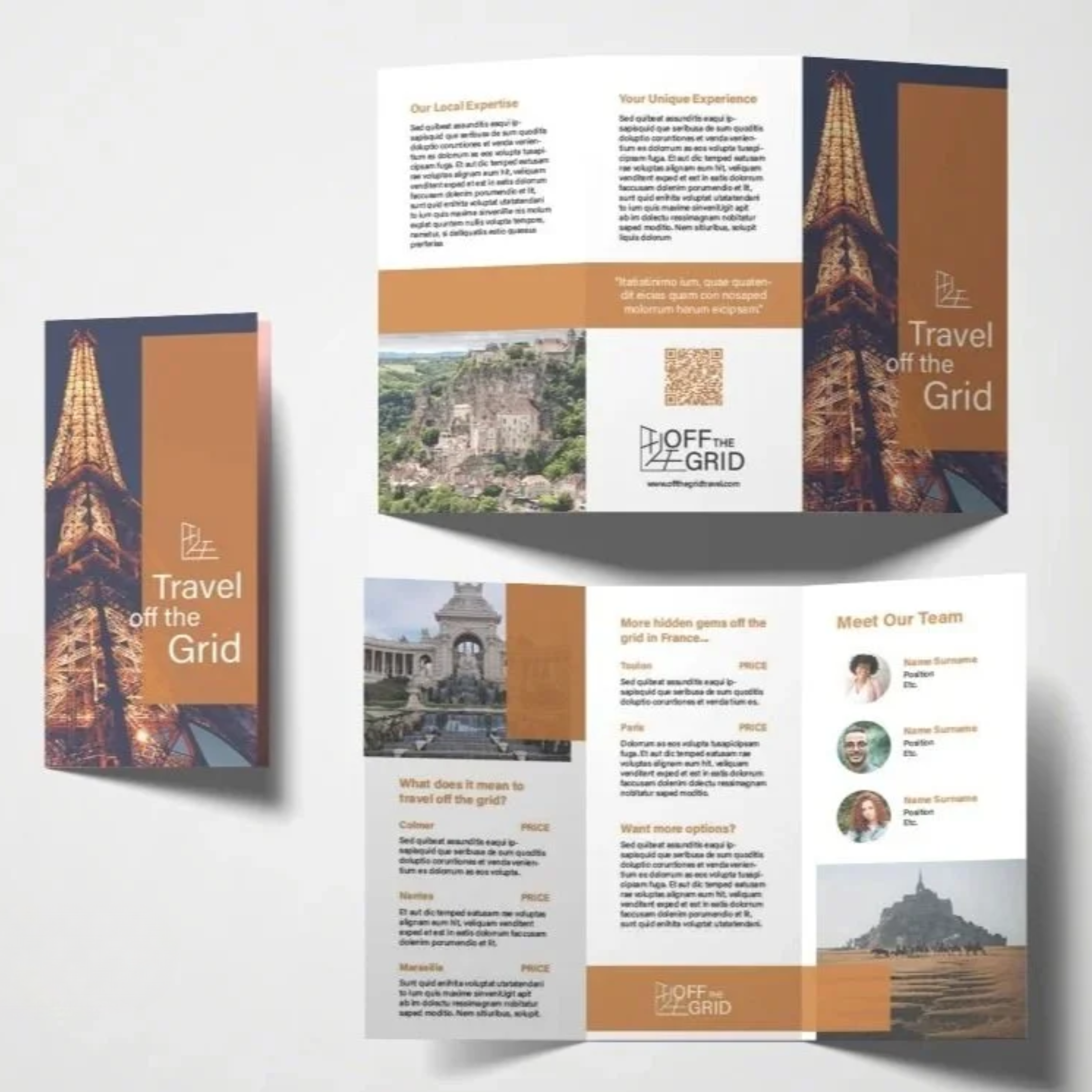 A tri-fold travel brochure titled "Travel off the Grid" featuring images of landmarks like the Eiffel Tower and Montmartre.