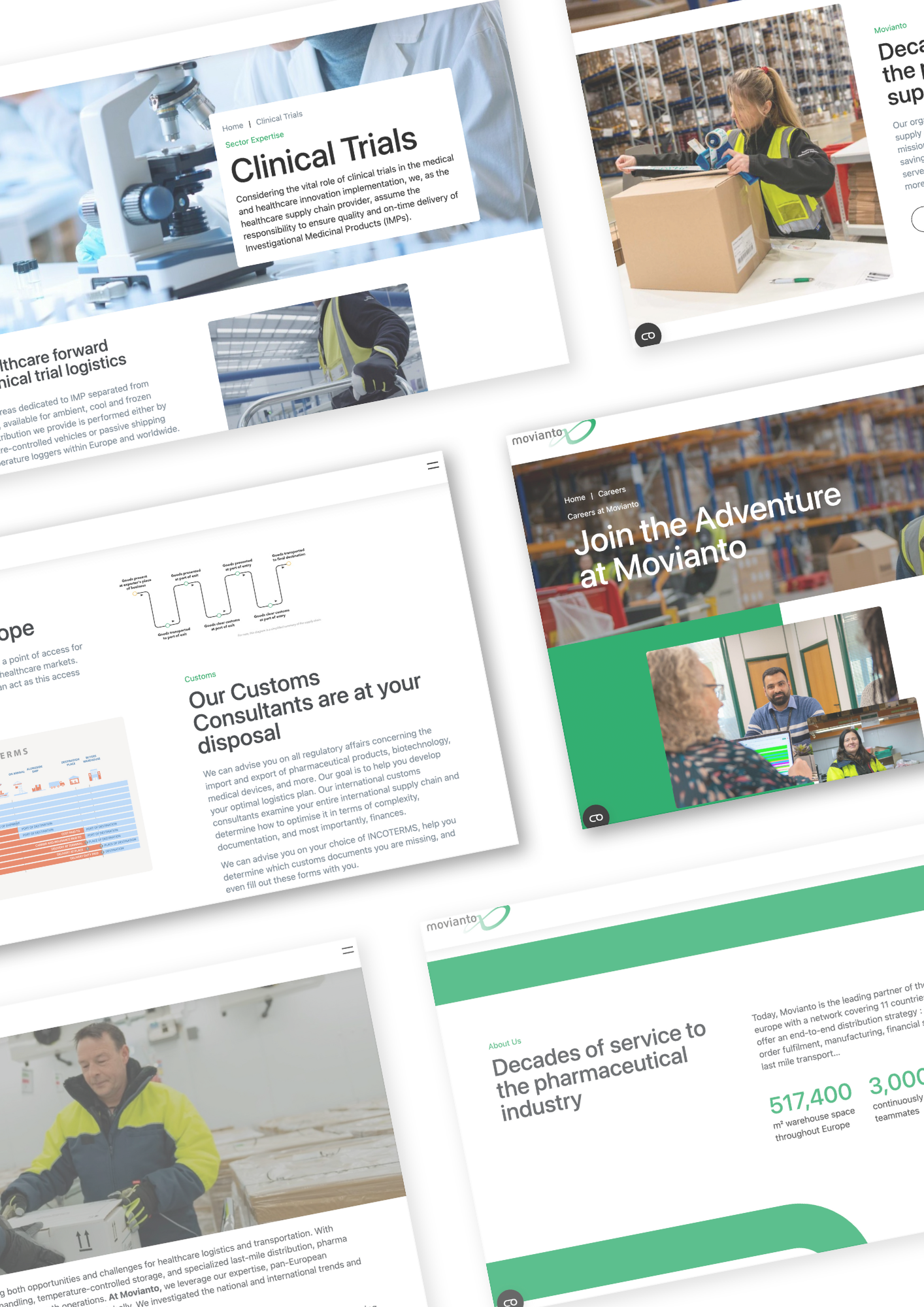 Collage of screenshots from a website about pharmaceutical logistics and clinical trials, featuring images of workers in warehouses, laboratory equipment, and informational text.