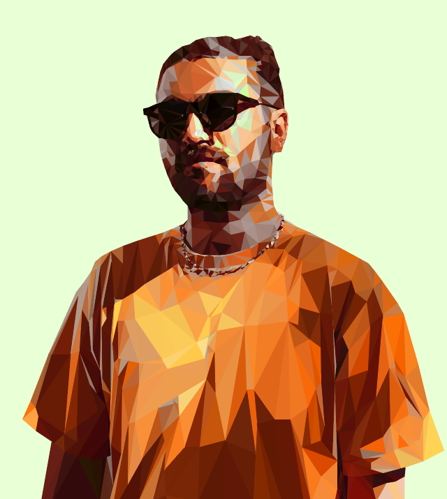Digital illustration of a man in sunglasses wearing an orange shirt and chain necklace against a light green background.