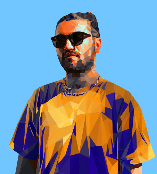 A polygon-style digital illustration of a man wearing sunglasses, a gold chain, and a yellow and blue shirt against a light blue background.
