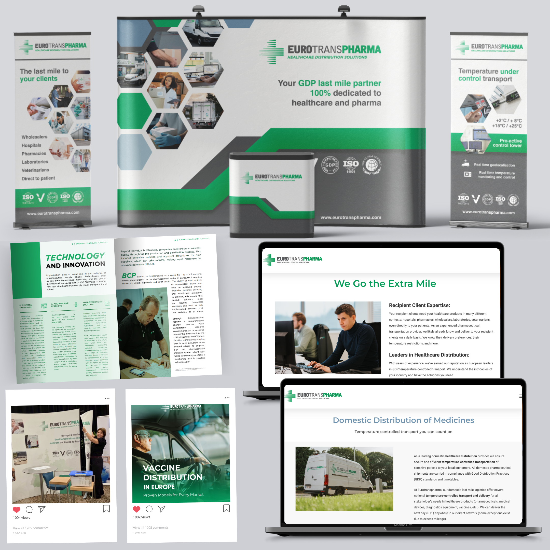 Display boards and printed materials for Euroransharma, a healthcare and pharmaceutical distribution company, including banners, brochures, and digital screens showcasing their services, logo, and information about healthcare distribution, vaccine logistics, and temperature-controlled transport.