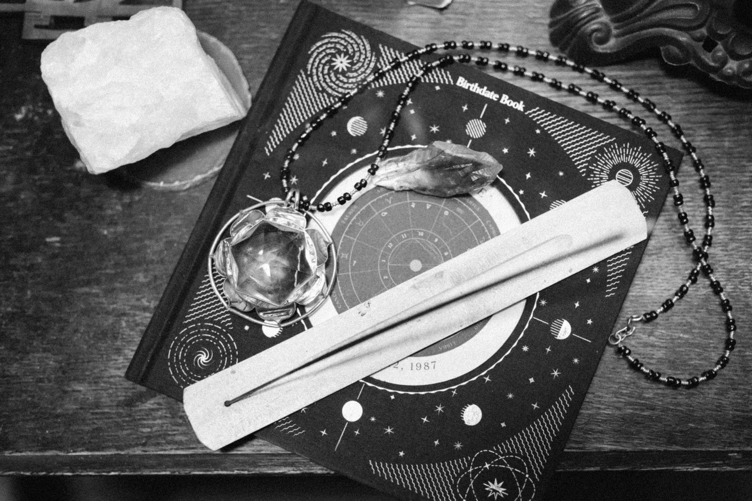 notebook incense and crystal