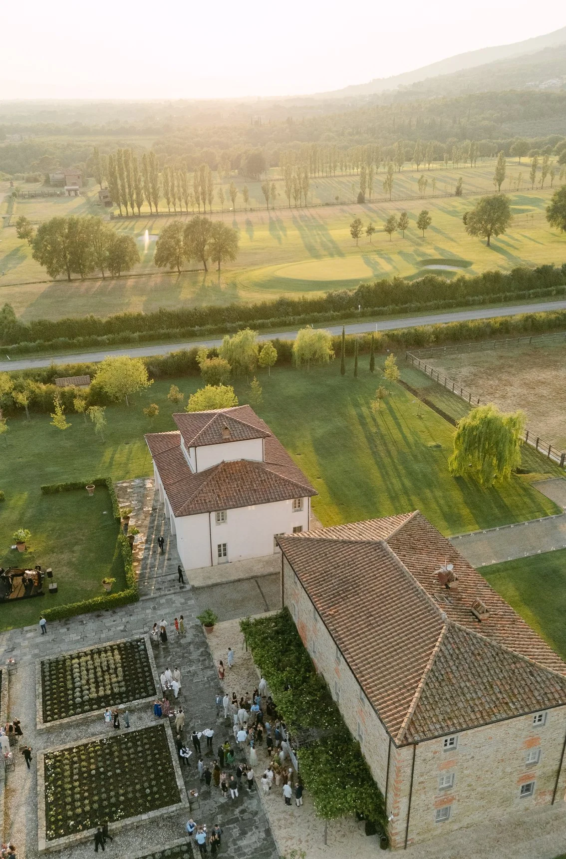 Aerial view of Aia del Borro during a luxury destination wedding weekend in Tuscany