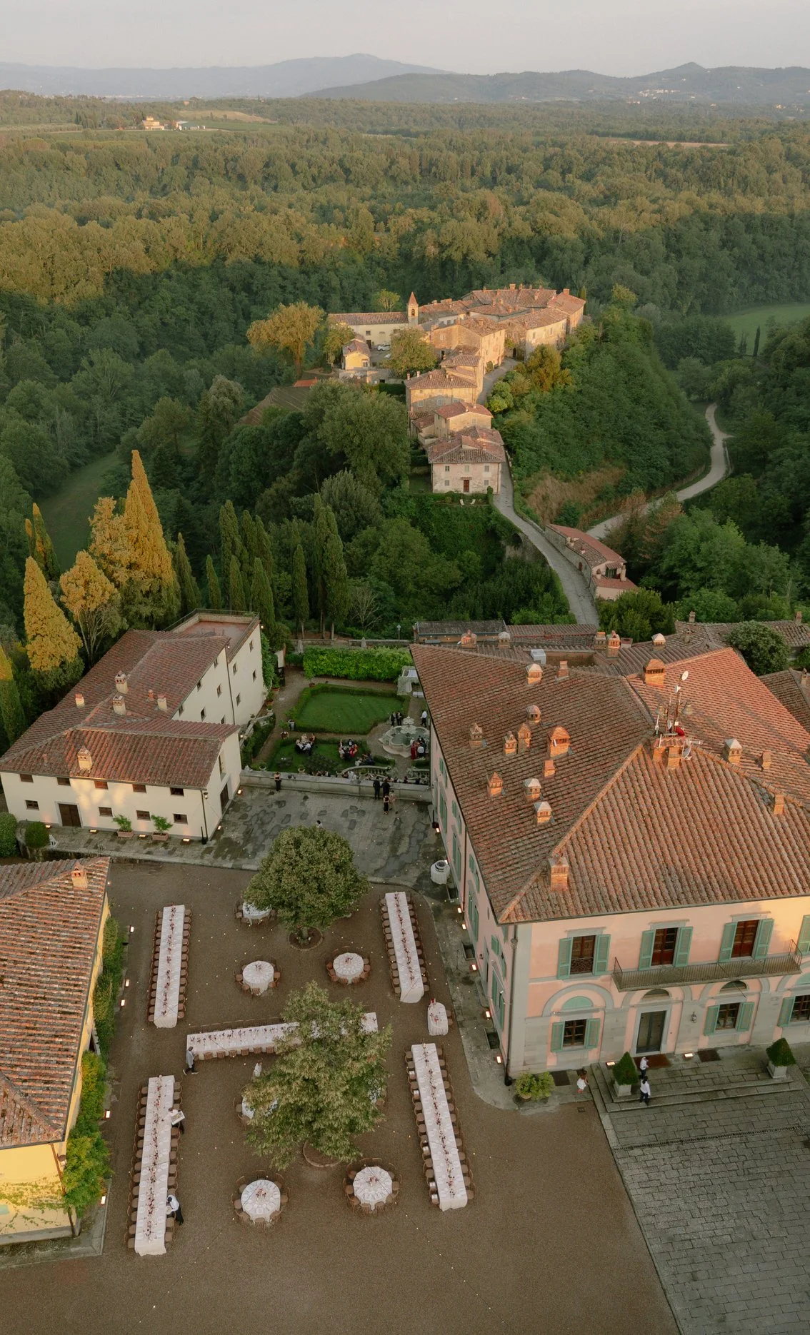 Aerial view of Il Borro during the wedding reception