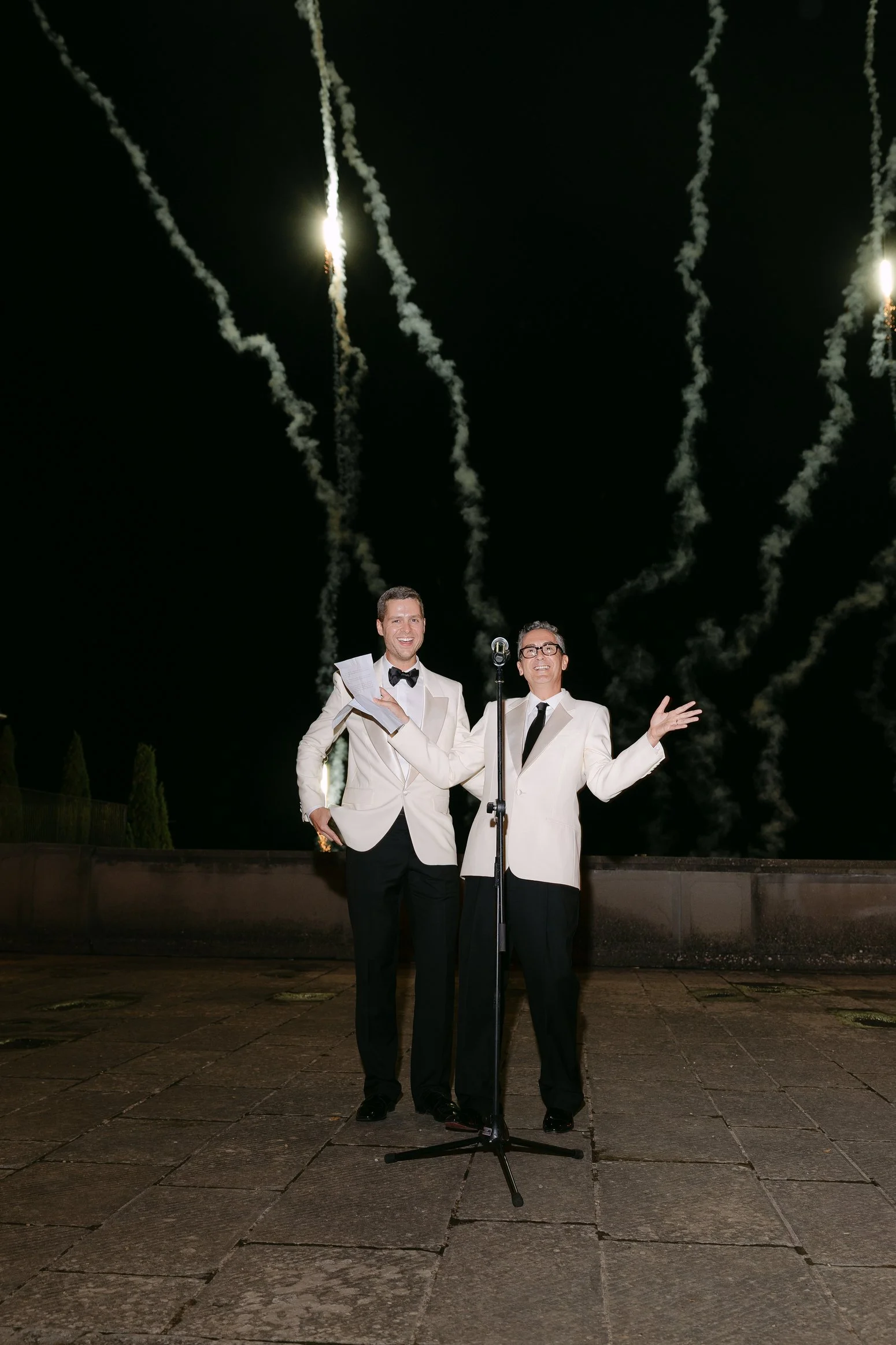 Micah and Stefan celebrating with fireworks in Tuscany