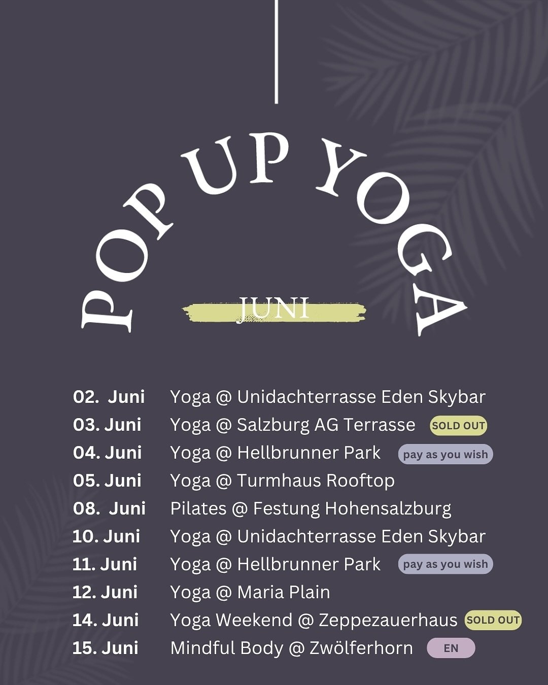 swipe swipe swipe. 📲 
Es wartet ein SUMMER SPECIAL nach dem anderen 🏄&zwj;♀️ 

NEU IM JUNI:
Pilates @festung_hohensalzburg am 8.6.
Yoga @hotelgasthof_mariaplain am 12.6.
Yoga @zeppezauerhaus_untersberg 14.-15.6.
Mindful Body @zwoelferhorn am 15.6.
