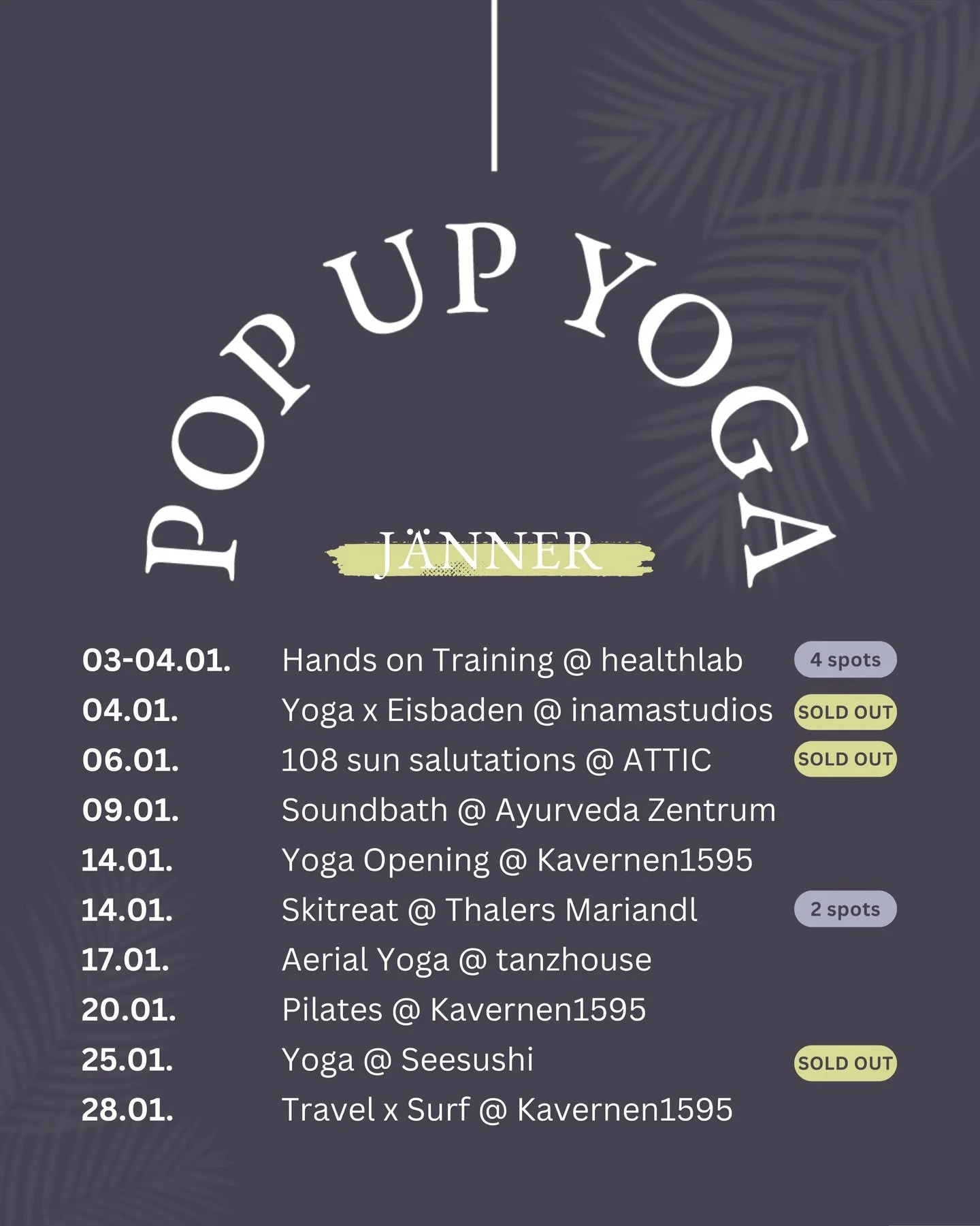 LAST SESSION 2025 in the books - NEW YEAR means filling blank pages of a 365-page book. Let&lsquo;s write a good one. 📕✨

Unsere Januar Events haben alles, was das Pop Up Herz so begehrt. 💜 Dynamisch, entschleunigend, Yoga, Pilates, Soundbath - you