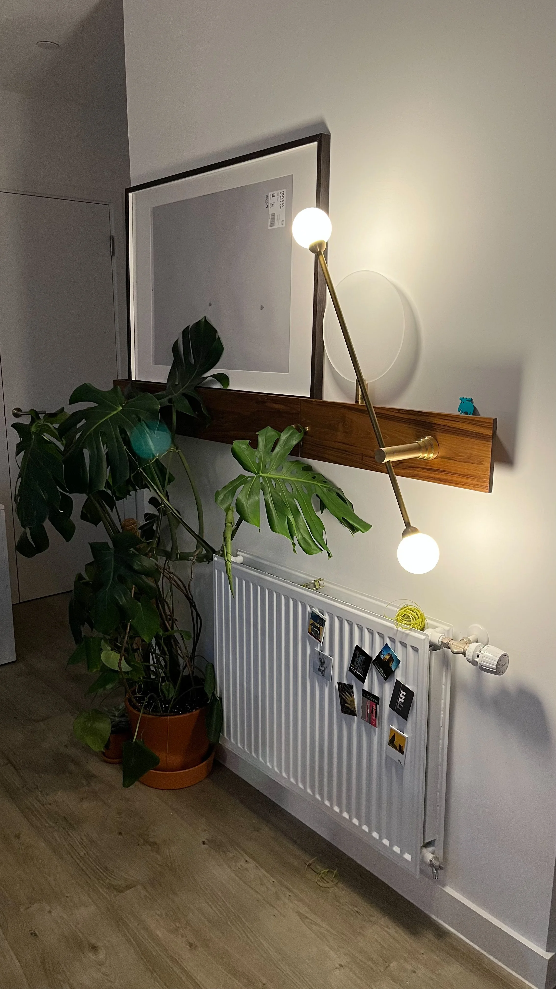 Indoor plant next to a framed picture and modern wall sconce above a radiator with small pinned photos.