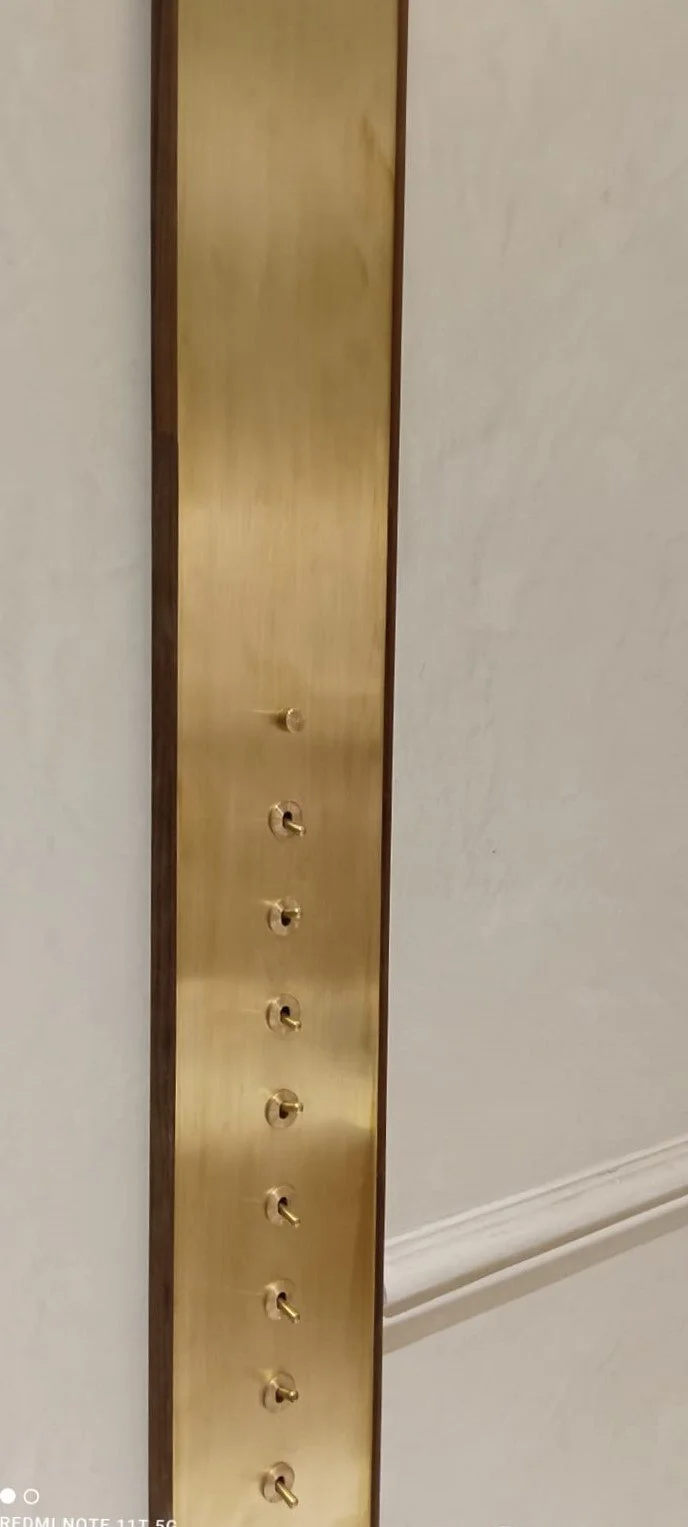 Gold panel with toggle switches on wall