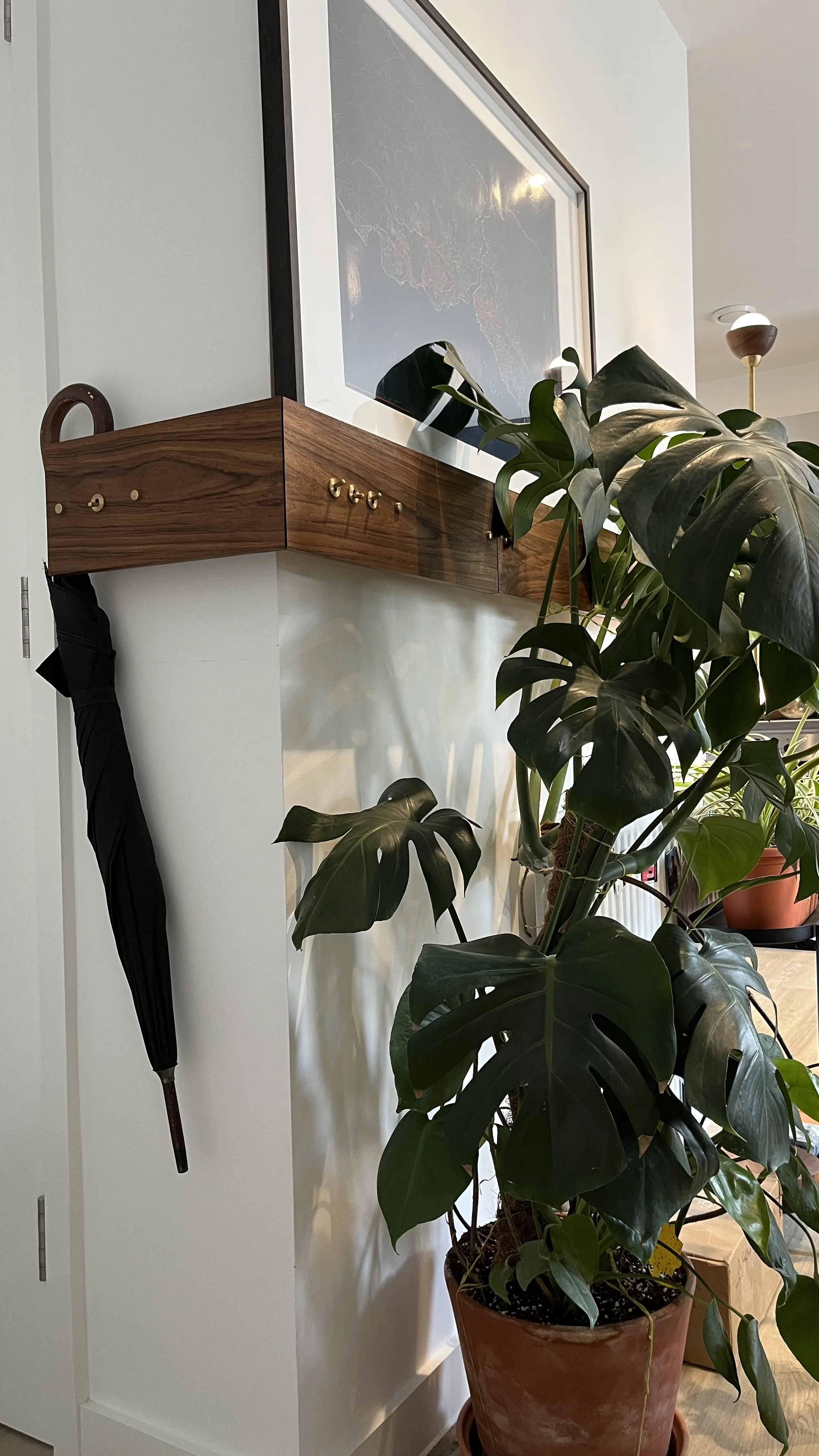 Interior decor with a hanging wooden shelf and black umbrella, potted Monstera plant, and framed artwork on a white wall.