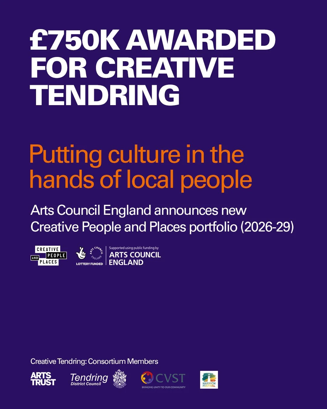 £750K AWARDED FOR CREATIVE TENDRING
We’re thrilled to announce that Creative Tendring has been awarded £750,000 from Arts Council England as part of the new Creative People and Places (CPP) portfolio (2026–29), investing &pou