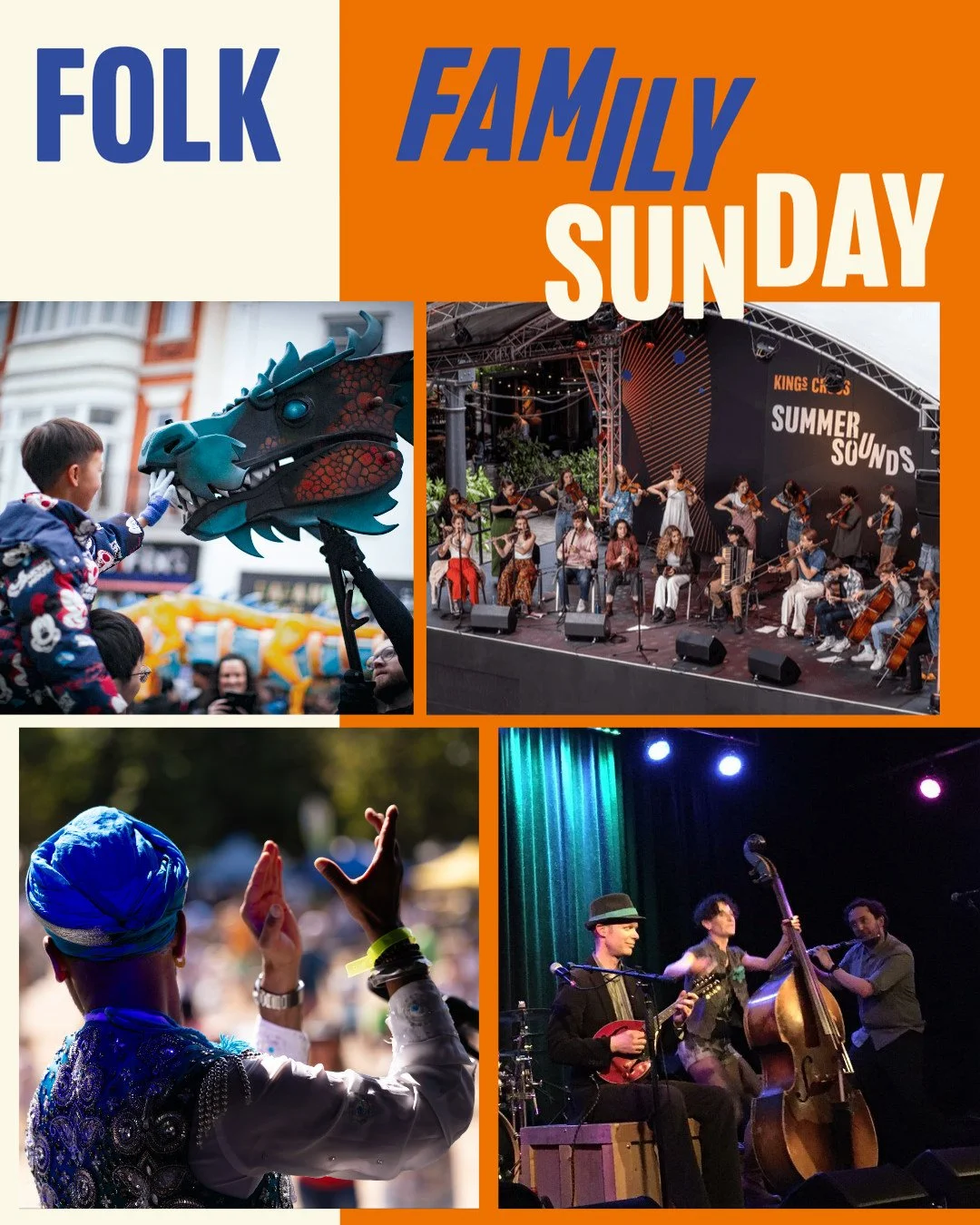 Folk Family Sunday - at Kings Cross Summer Sounds. 
Sunday 17 Aug: 12:30pm - 6pm
Enjoy an afternoon of glorious, diverse, and upbeat folk music as the English Folk Dance and Song Society brings King’s Cross alive with rhythm, movement, and ma